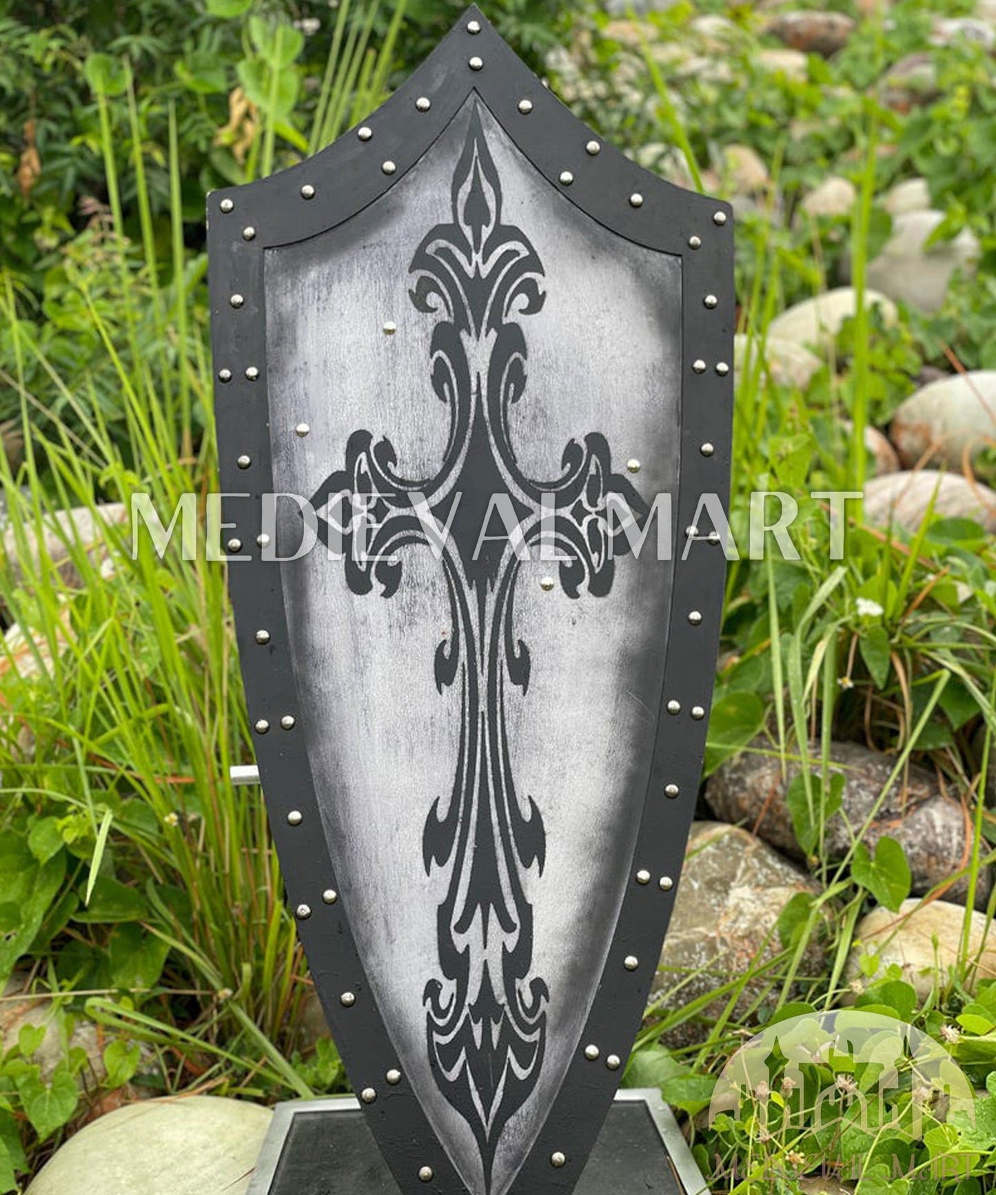 MEDIEVALMART AU Medieval Templar Devil Zelda Cross Inspired Wooden Shield Bliue & Gold Finish | Gift for Christmas Day
