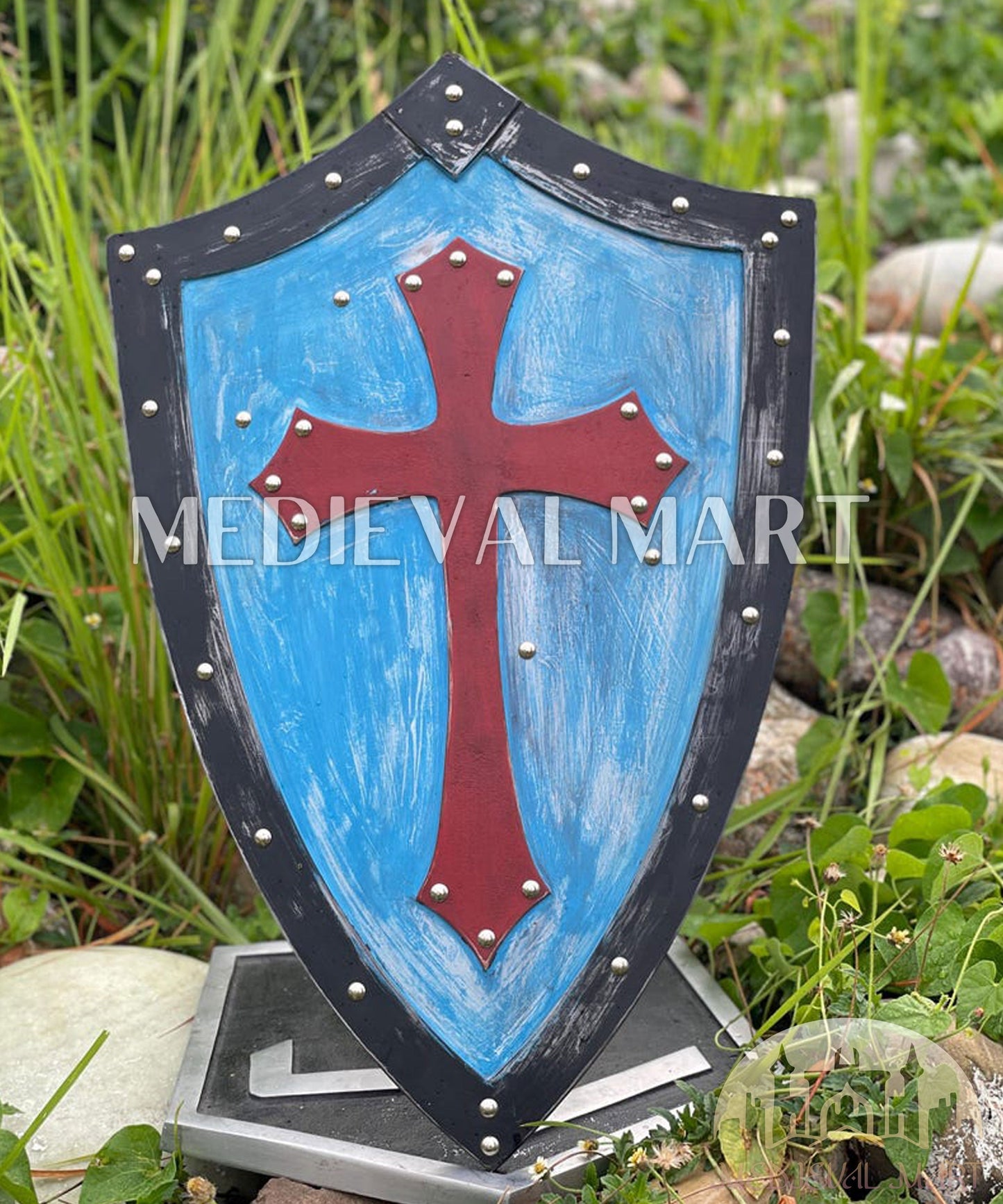 MEDIEVALMART AU Medieval Templar Devil Zelda Cross Inspired Wooden Shield Bliue & Gold Finish | Gift for Christmas Day