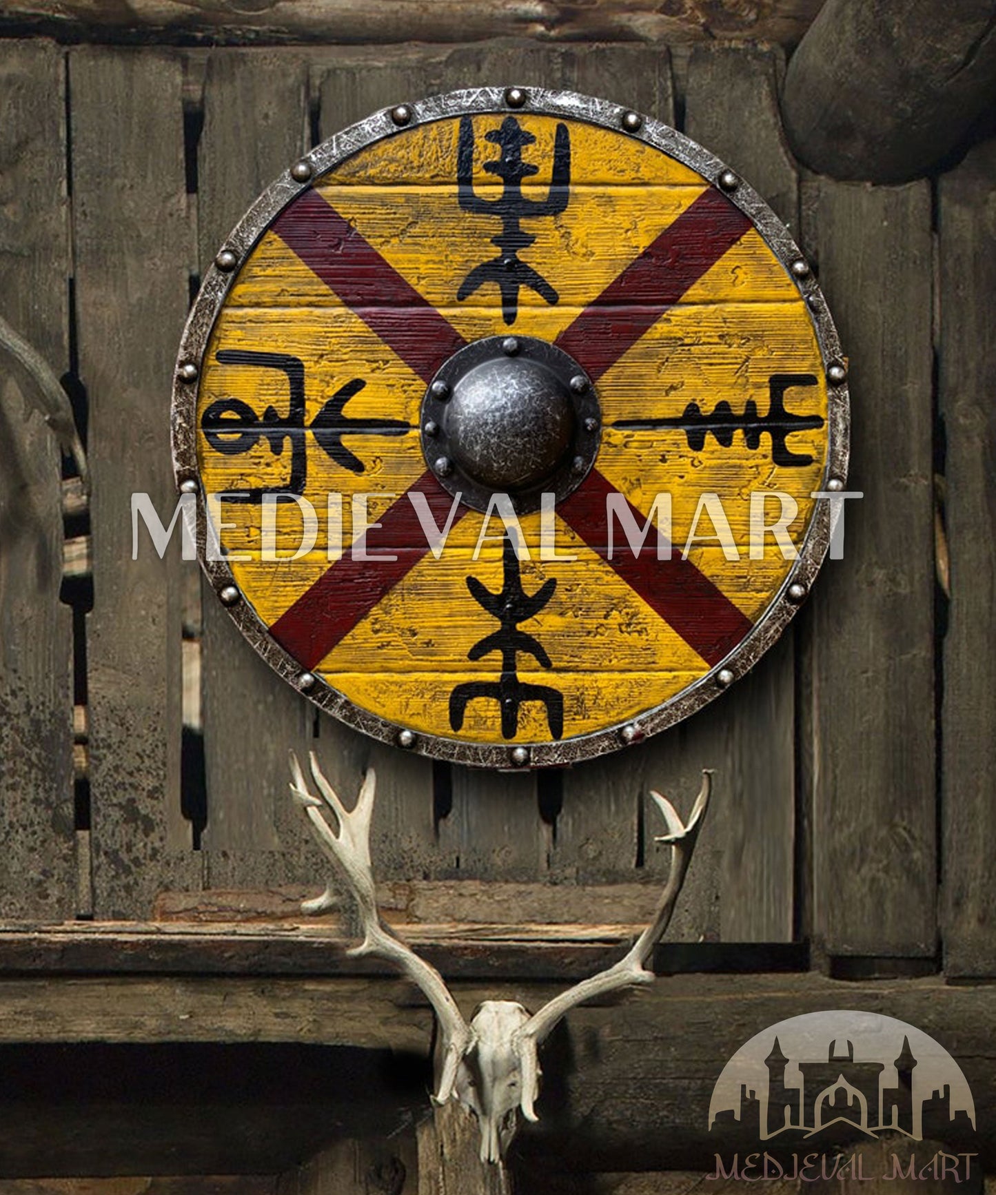 MEDIEVALMART AU Iconic Viking's Jarl Borg Iron Spikes  Battleworn Viking Wooden Shield | Gifts For Dad