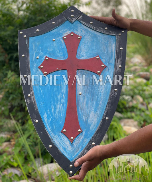 MEDIEVALMART AU Medieval Templar Devil Zelda Cross Inspired Wooden Shield Bliue & Gold Finish | Gift for Christmas Day