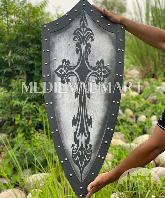 MEDIEVALMART AU Medieval Templar Devil Zelda Cross Inspired Wooden Shield Bliue & Gold Finish | Gift for Christmas Day