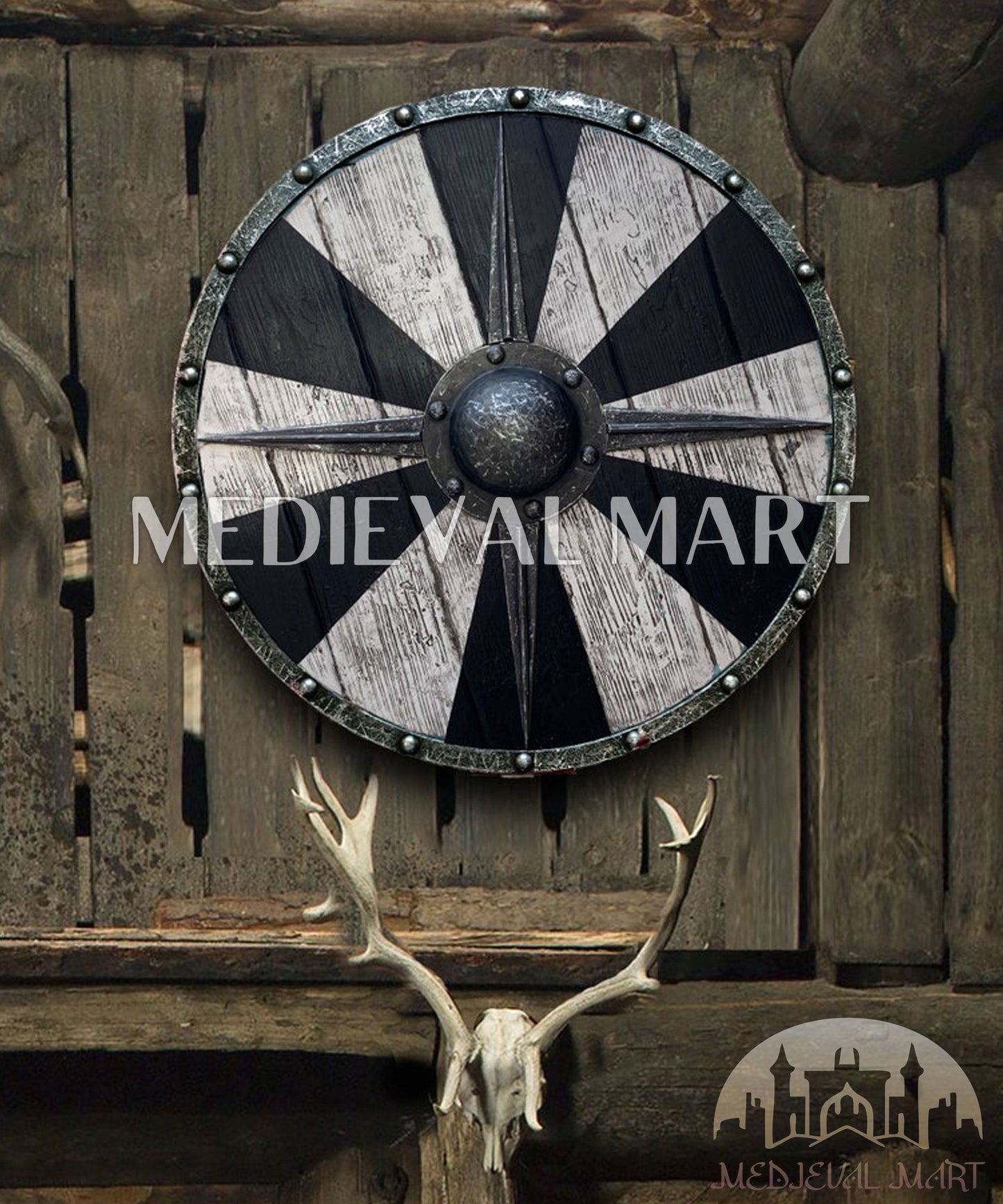 MEDIEVALMART AU Iconic Viking's Jarl Borg Iron Spikes  Battleworn Viking Wooden Shield | Gifts For Dad