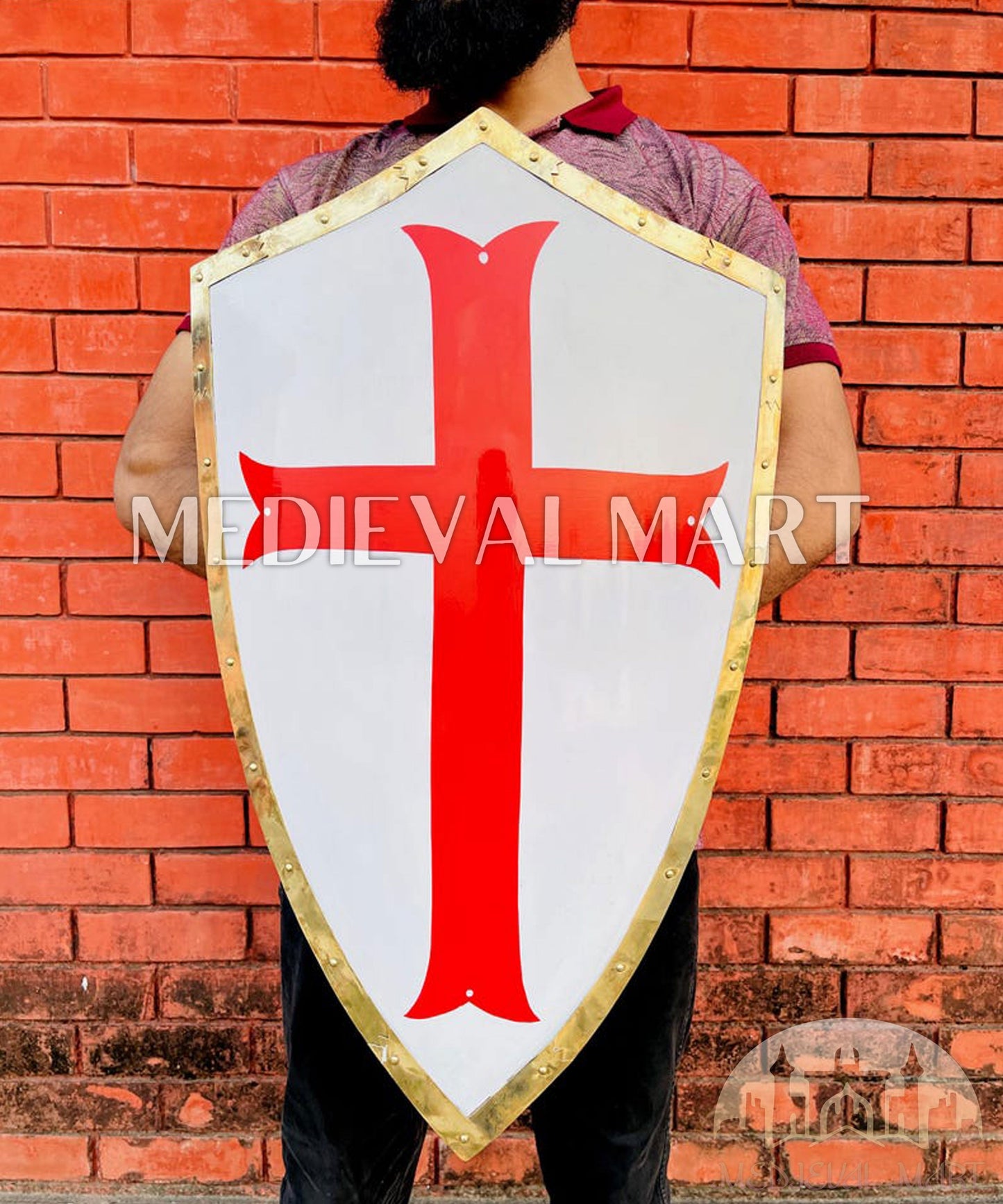 MEDIEVALMART AU Medieval Templar Devil Zelda Cross Inspired Wooden Shield Bliue & Gold Finish | Gift for Christmas Day