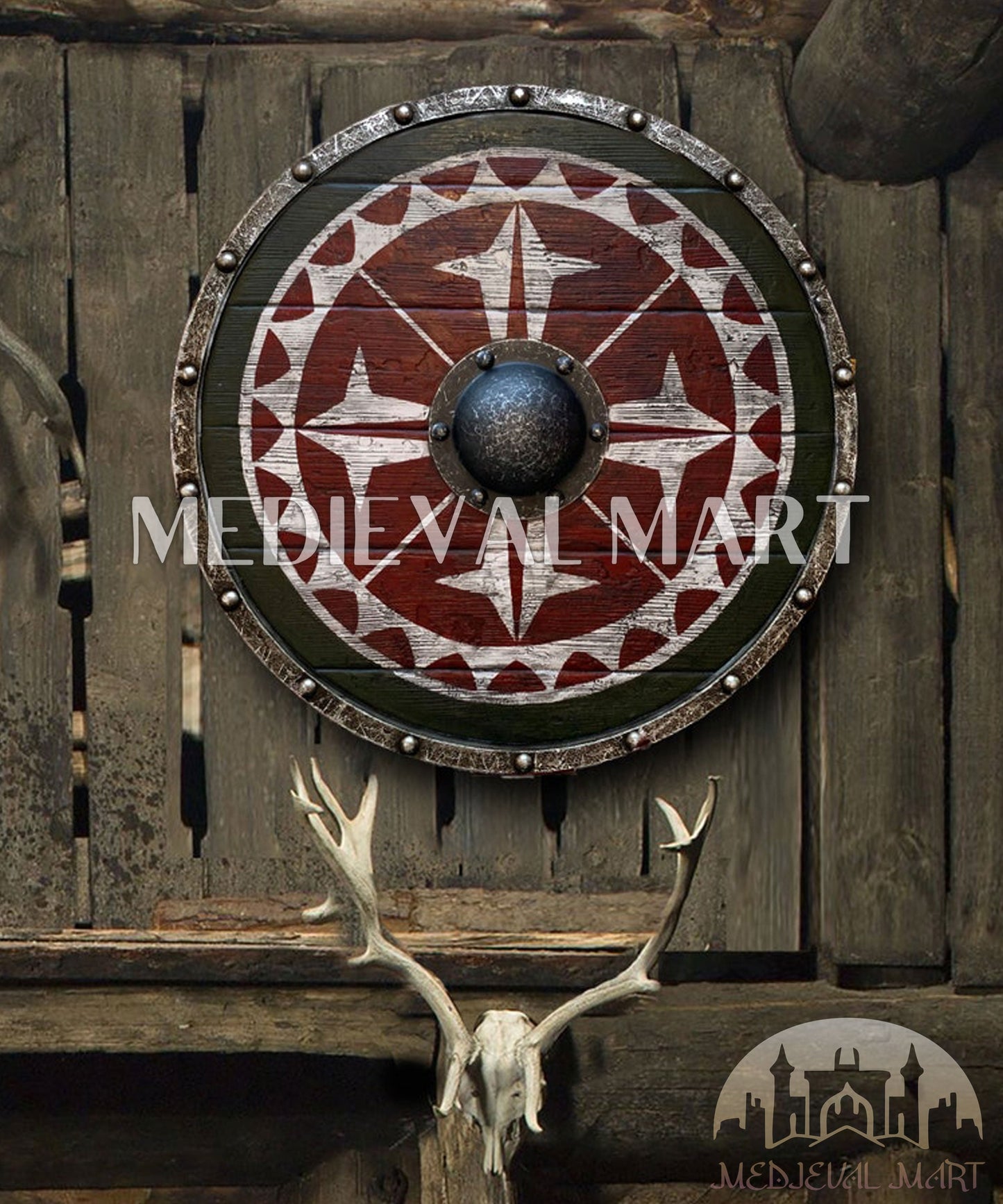 MEDIEVALMART AU Iconic Viking's Jarl Borg Iron Spikes  Battleworn Viking Wooden Shield | Gifts For Dad