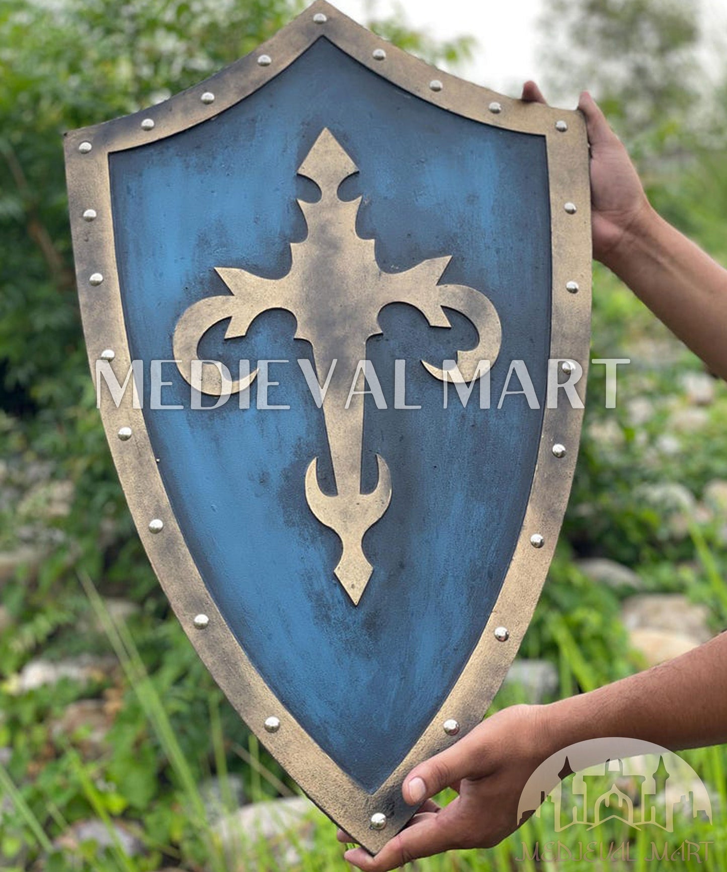 MEDIEVALMART AU Medieval Templar Devil Zelda Cross Inspired Wooden Shield Bliue & Gold Finish | Gift for Christmas Day
