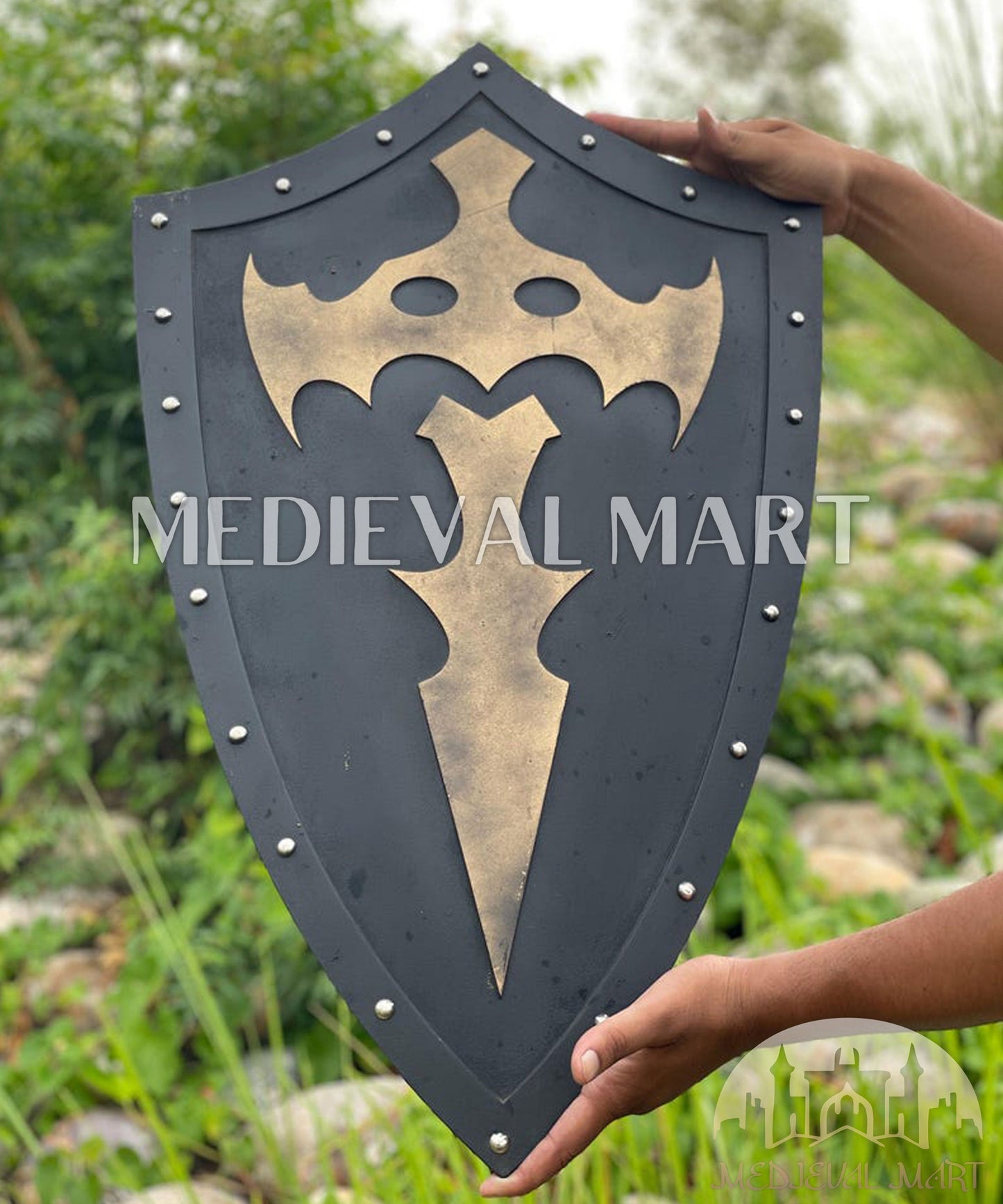 MEDIEVALMART AU Medieval Templar Devil Zelda Cross Inspired Wooden Shield Bliue & Gold Finish | Gift for Christmas Day