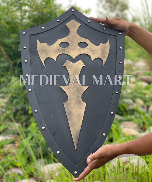 MEDIEVALMART AU Medieval Templar Devil Zelda Cross Inspired Wooden Shield Bliue & Gold Finish | Gift for Christmas Day