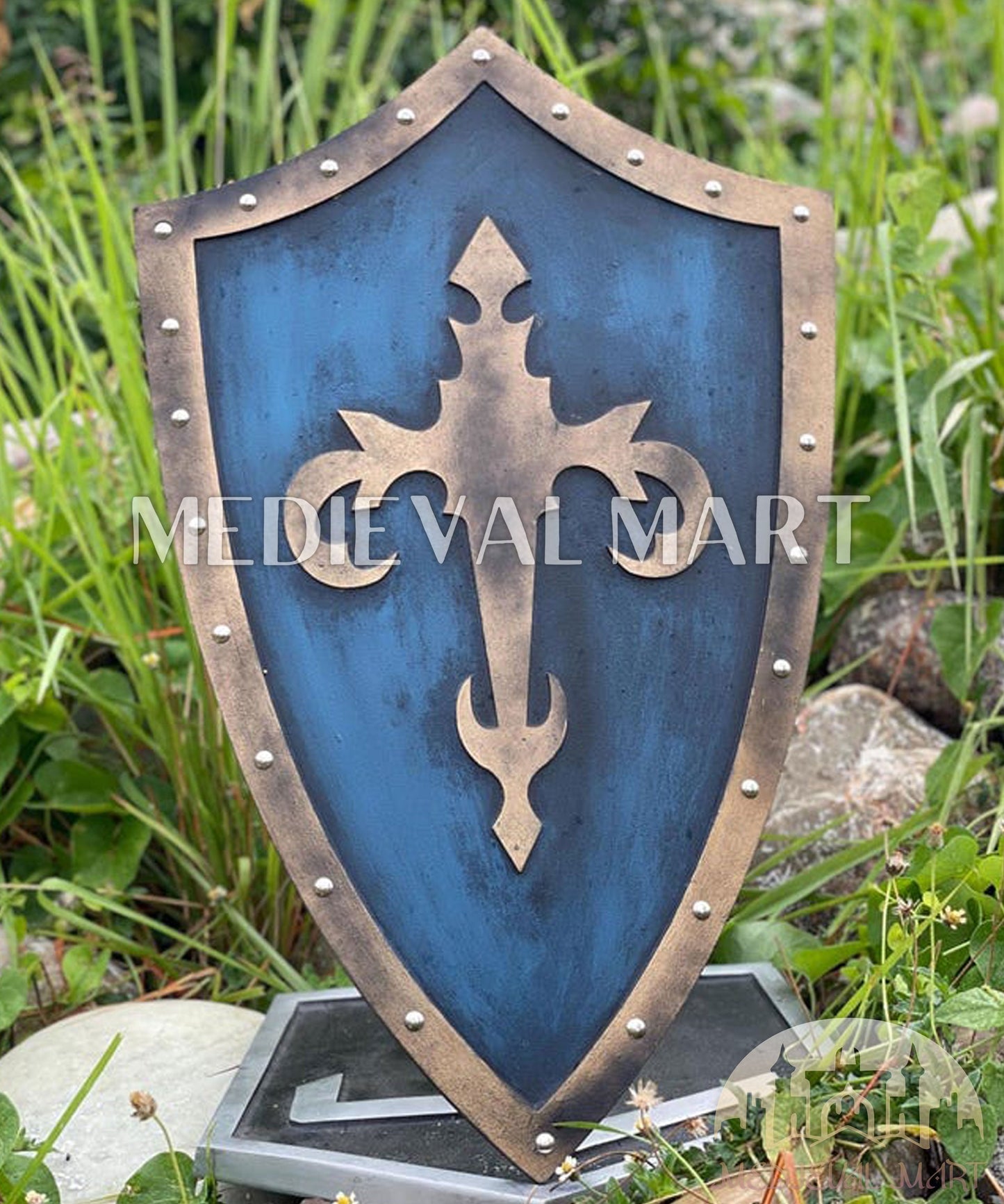 MEDIEVALMART AU Medieval Templar Devil Zelda Cross Inspired Wooden Shield Bliue & Gold Finish | Gift for Christmas Day