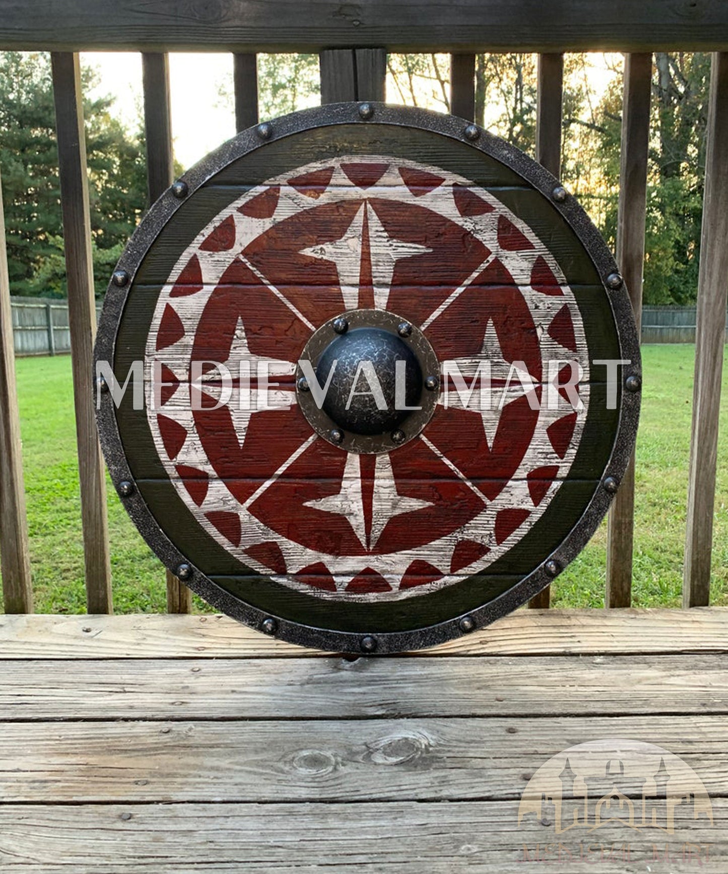 MEDIEVALMART AU Iconic Viking's Jarl Borg Iron Spikes  Battleworn Viking Wooden Shield | Gifts For Dad