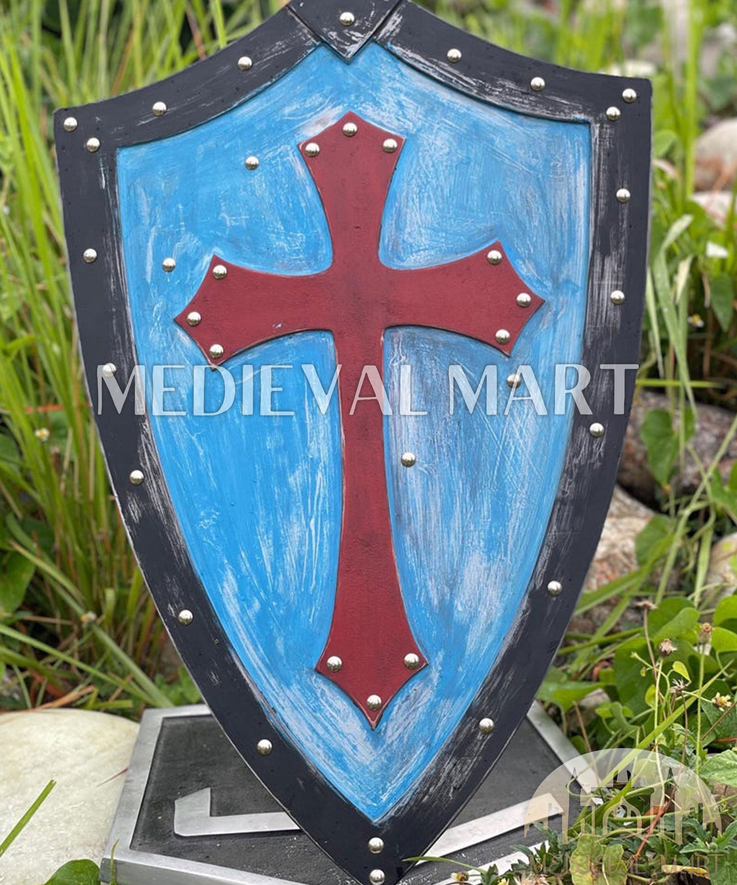 MEDIEVALMART AU Medieval Templar Devil Zelda Cross Inspired Wooden Shield Bliue & Gold Finish | Gift for Christmas Day