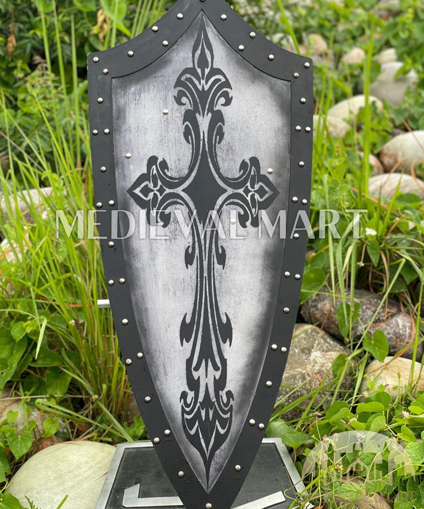 MEDIEVALMART AU Medieval Templar Devil Zelda Cross Inspired Wooden Shield Bliue & Gold Finish | Gift for Christmas Day