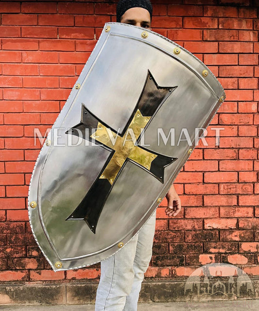 MEDIEVALMART AU Medieval Templar Devil Zelda Cross Inspired Wooden Shield Bliue & Gold Finish | Gift for Christmas Day
