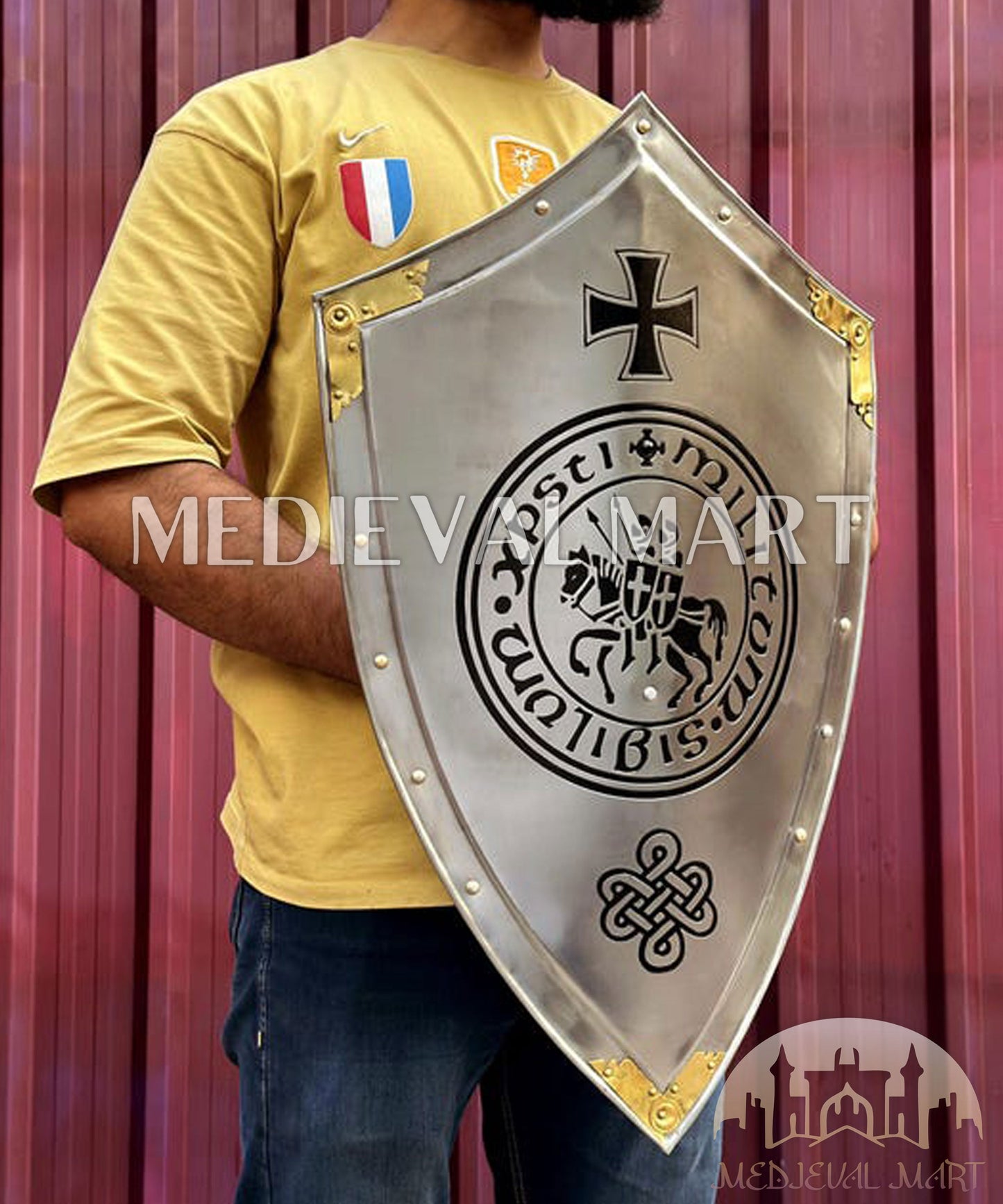 MEDIEVALMART AU Medieval Templar Devil Zelda Cross Inspired Wooden Shield Bliue & Gold Finish | Gift for Christmas Day