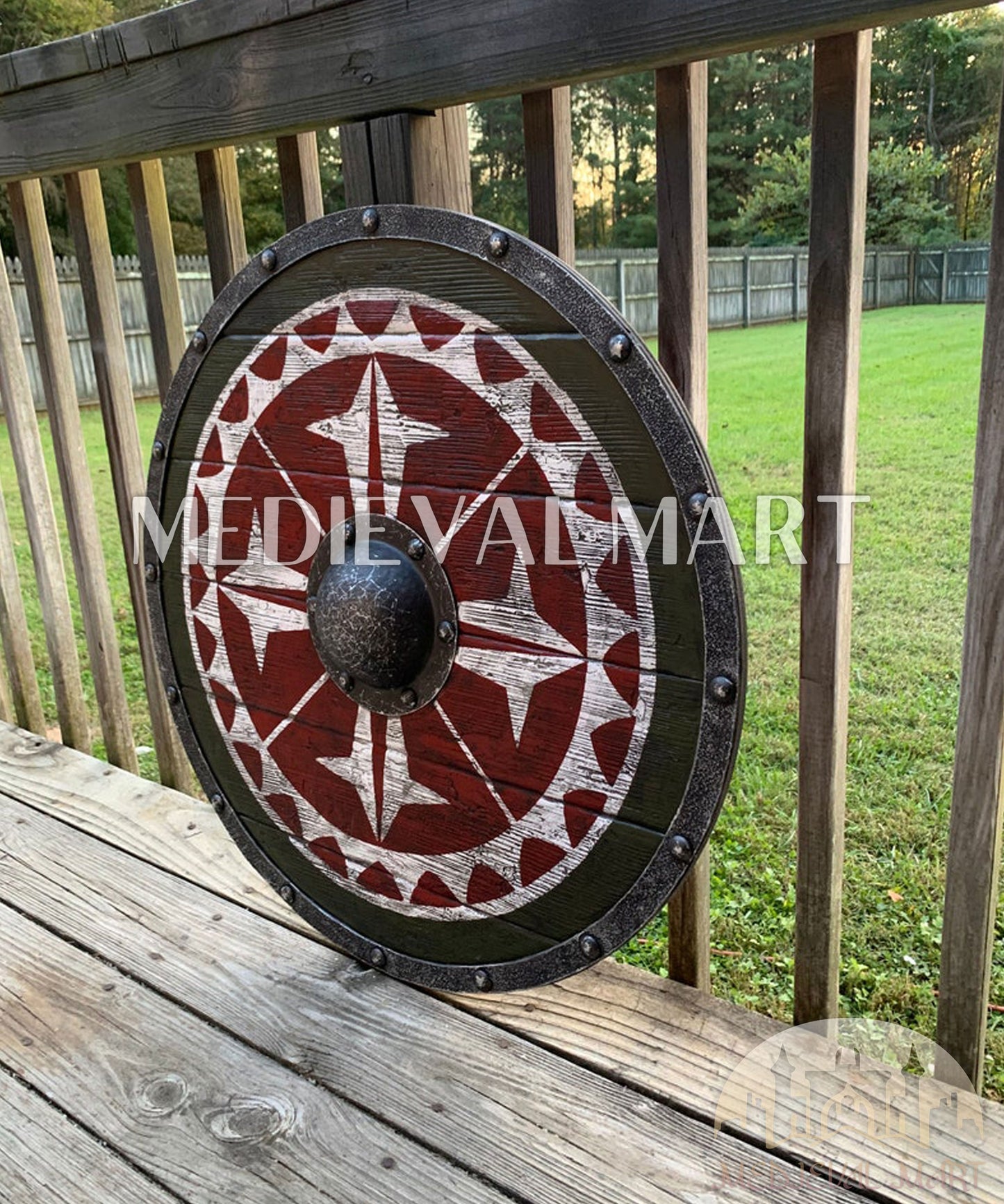 MEDIEVALMART AU Iconic Viking's Jarl Borg Iron Spikes  Battleworn Viking Wooden Shield | Gifts For Dad