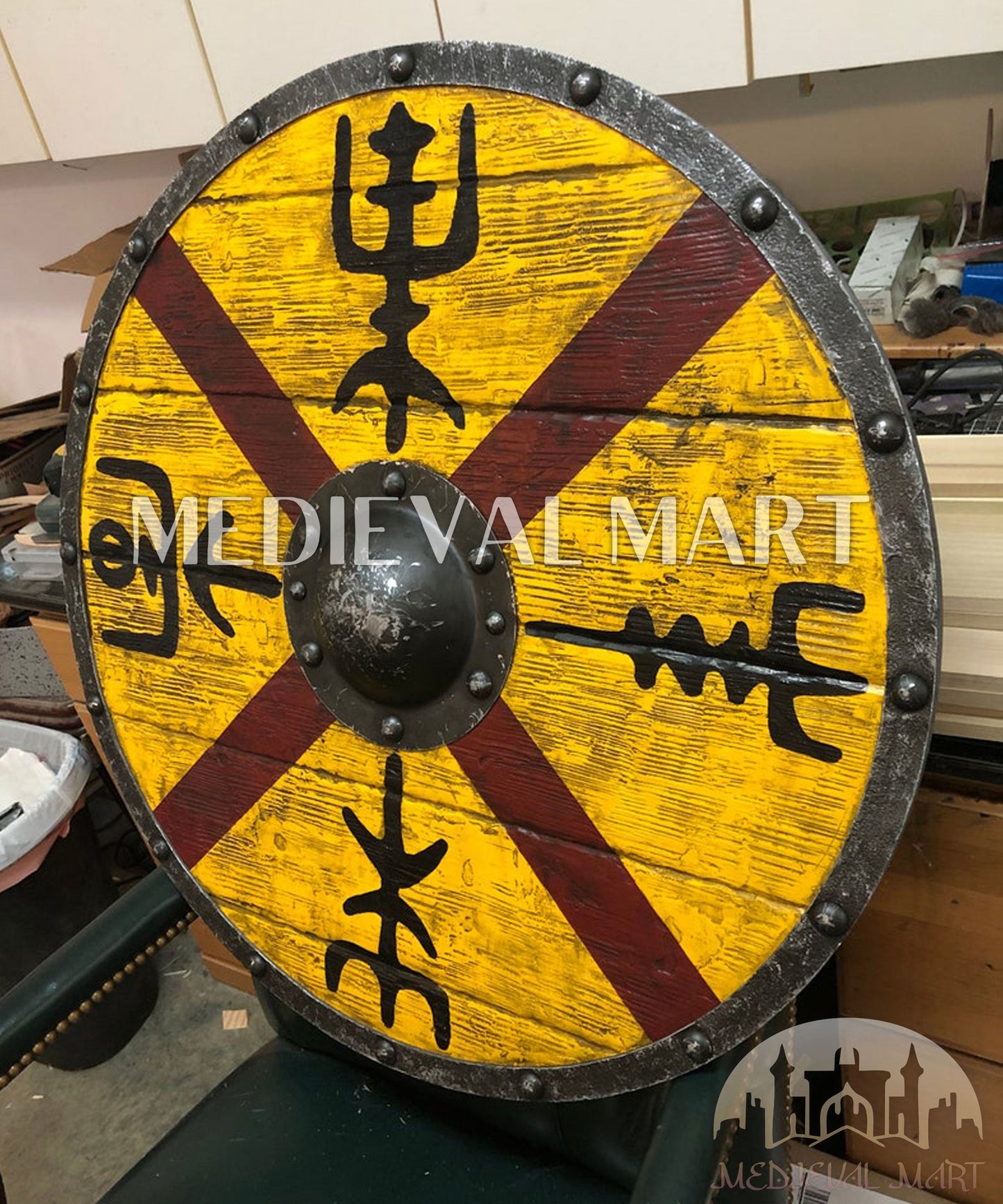 MEDIEVALMART AU Iconic Viking's Jarl Borg Iron Spikes  Battleworn Viking Wooden Shield | Gifts For Dad