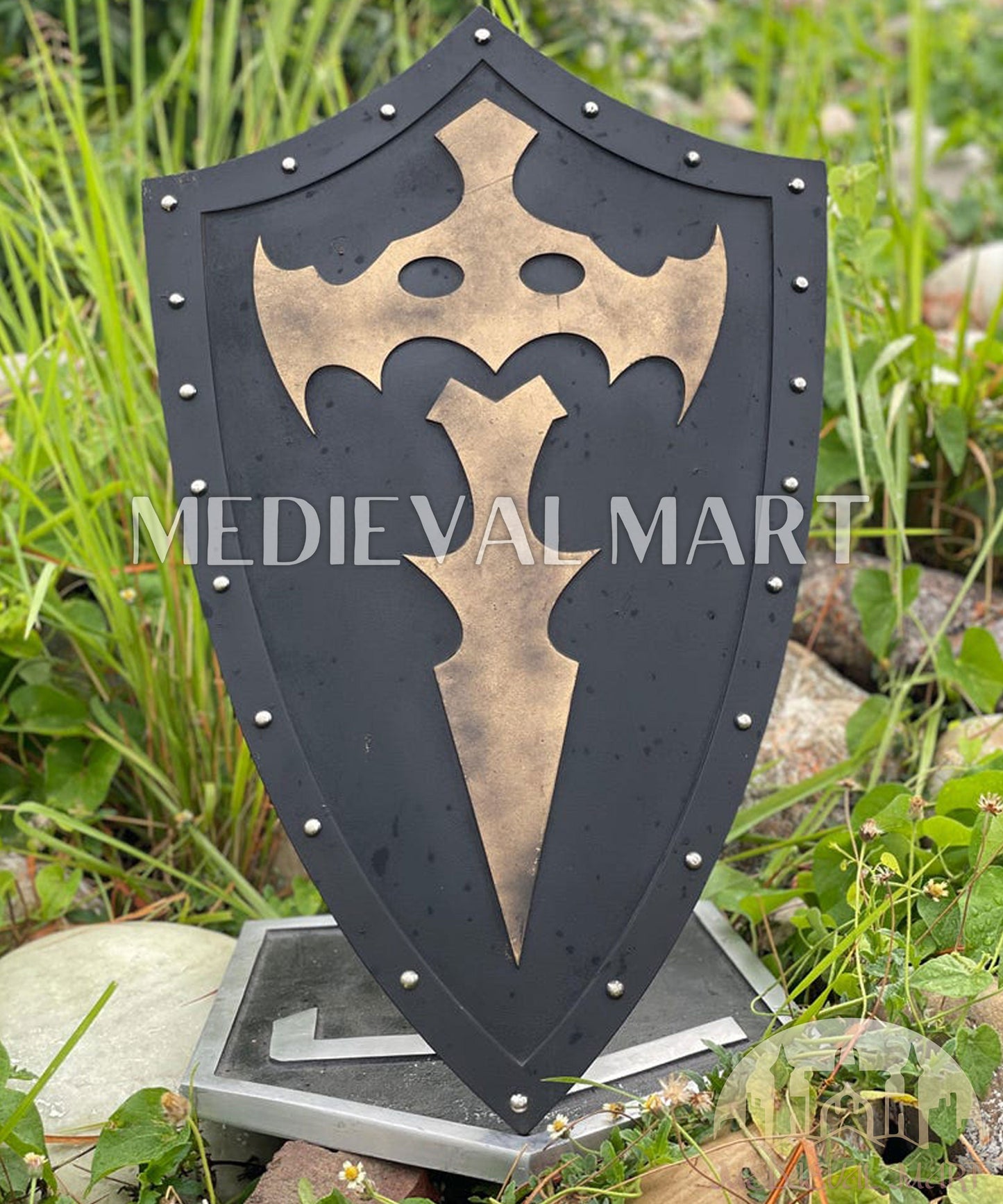 MEDIEVALMART AU Medieval Templar Devil Zelda Cross Inspired Wooden Shield Bliue & Gold Finish | Gift for Christmas Day