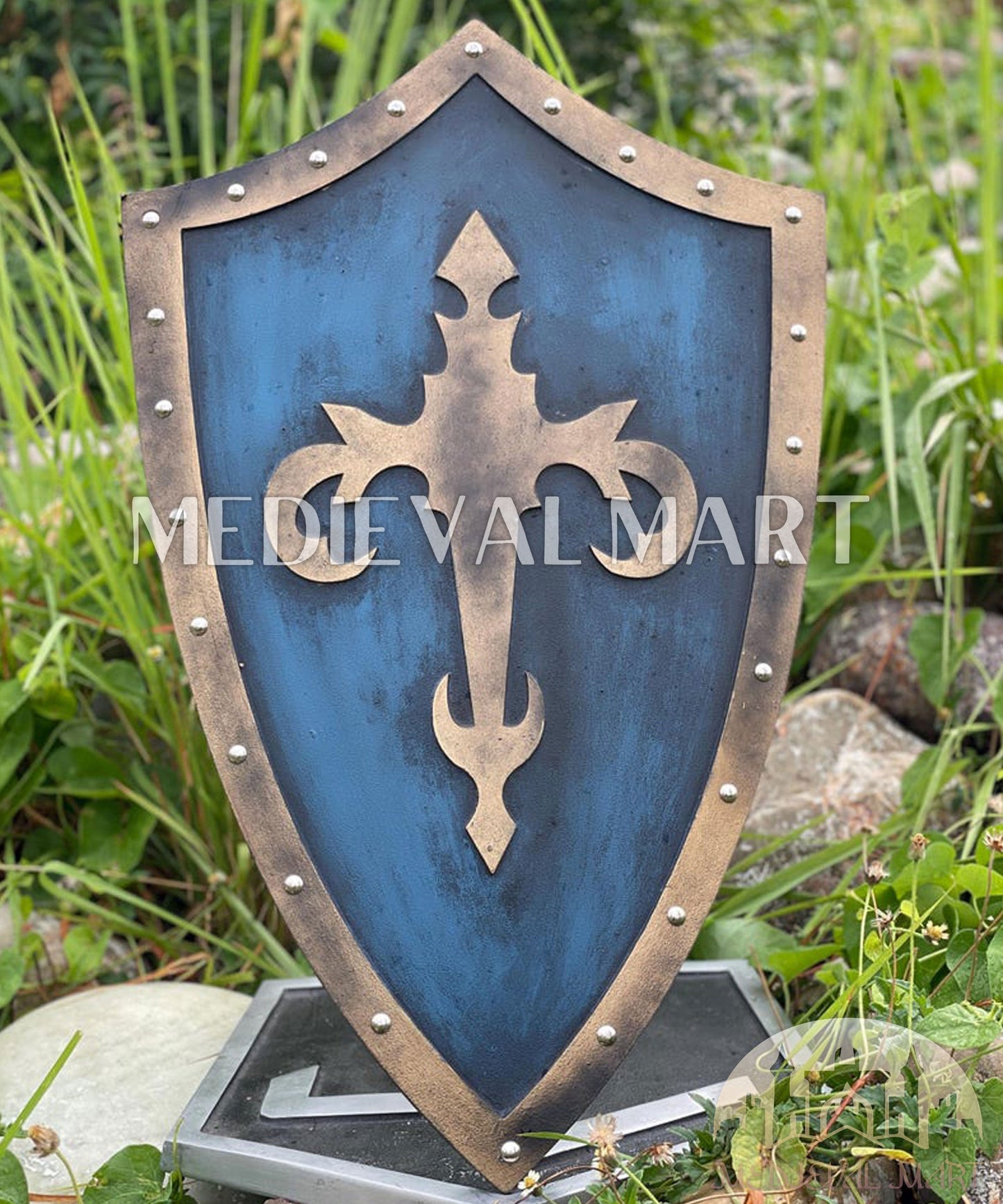 MEDIEVALMART AU Medieval Templar Devil Zelda Cross Inspired Wooden Shield Bliue & Gold Finish | Gift for Christmas Day