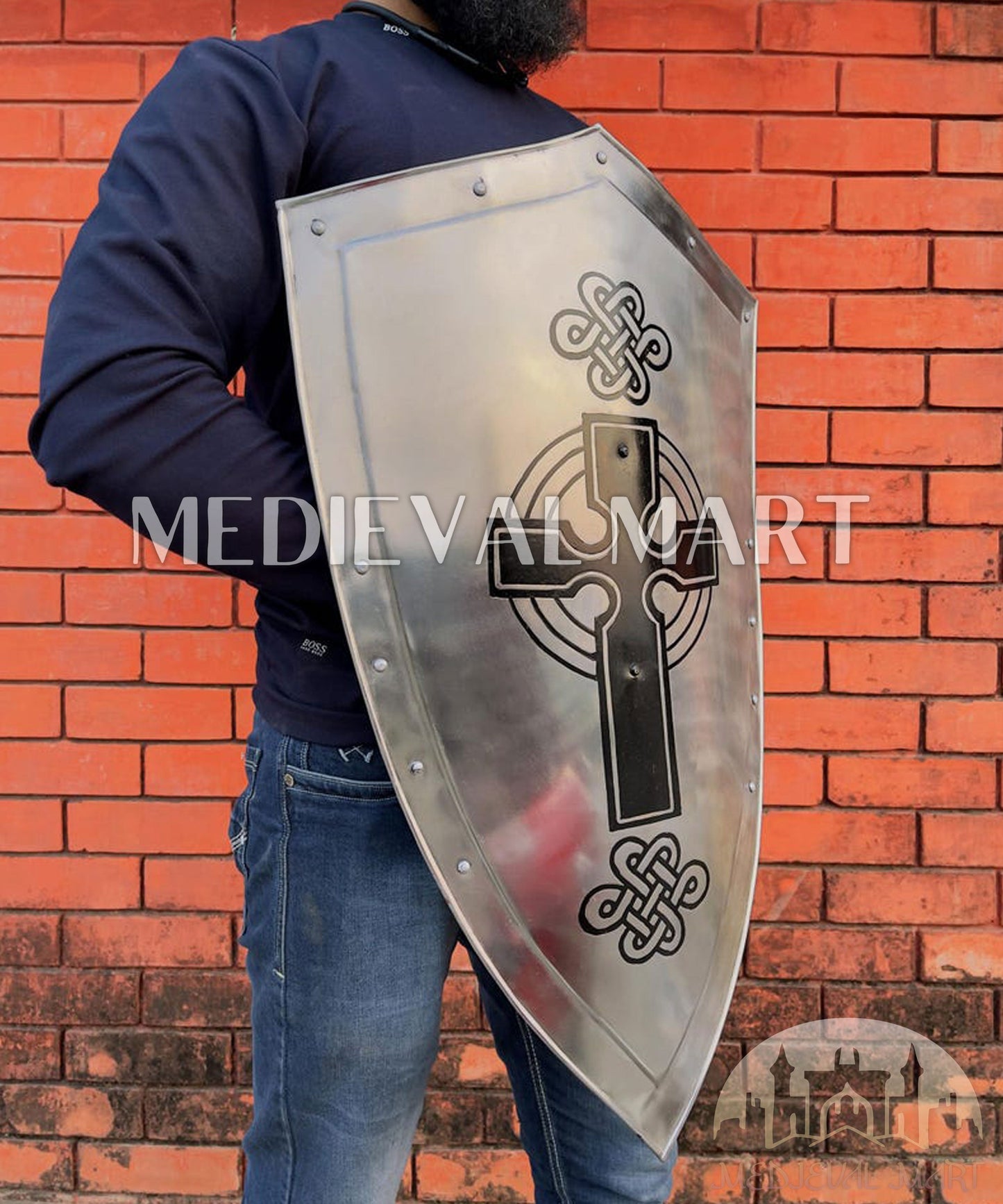 MEDIEVALMART AU Medieval Templar Devil Zelda Cross Inspired Wooden Shield Bliue & Gold Finish | Gift for Christmas Day