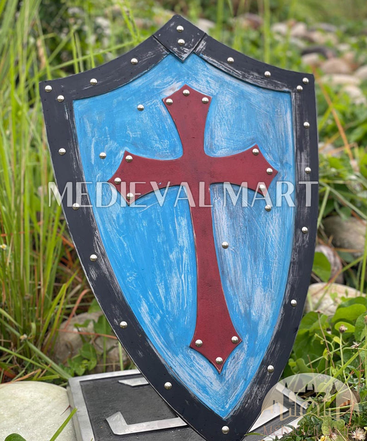 MEDIEVALMART AU Medieval Templar Devil Zelda Cross Inspired Wooden Shield Bliue & Gold Finish | Gift for Christmas Day