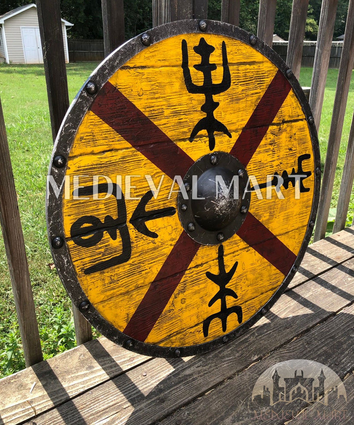 MEDIEVALMART AU Iconic Viking's Jarl Borg Iron Spikes  Battleworn Viking Wooden Shield | Gifts For Dad