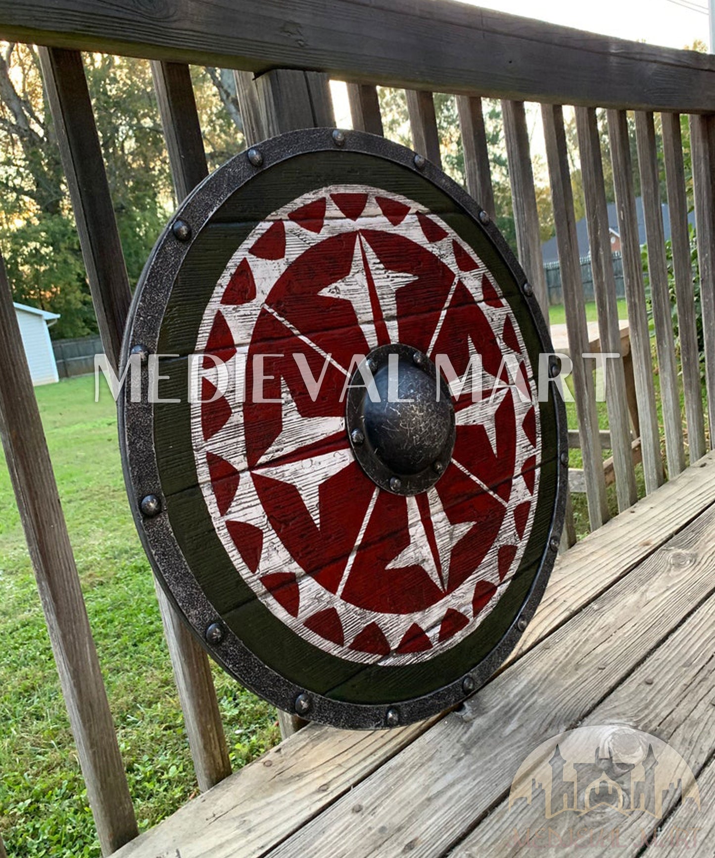 MEDIEVALMART AU Iconic Viking's Jarl Borg Iron Spikes  Battleworn Viking Wooden Shield | Gifts For Dad