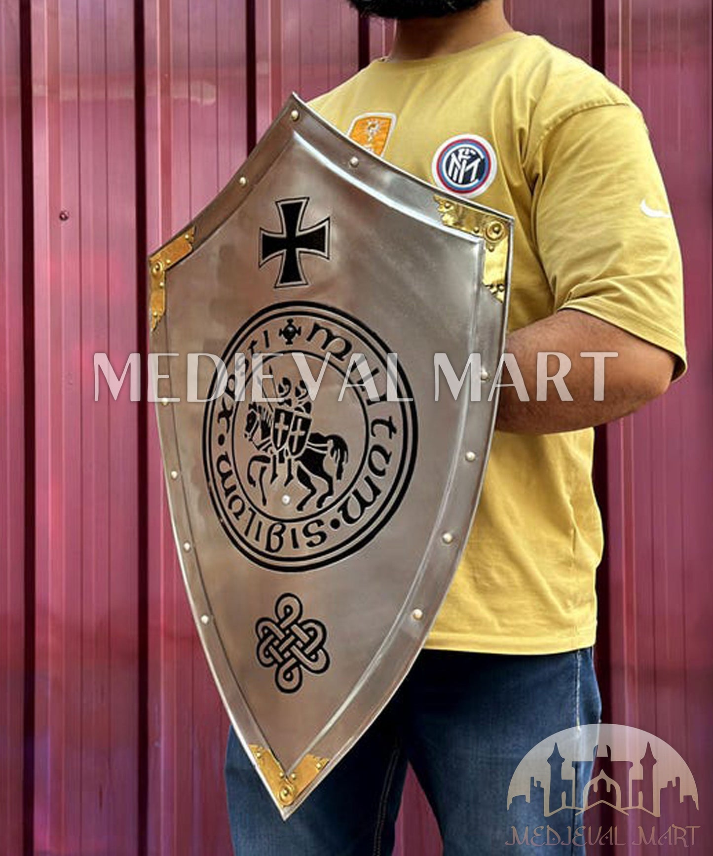 MEDIEVALMART AU Medieval Templar Devil Zelda Cross Inspired Wooden Shield Bliue & Gold Finish | Gift for Christmas Day