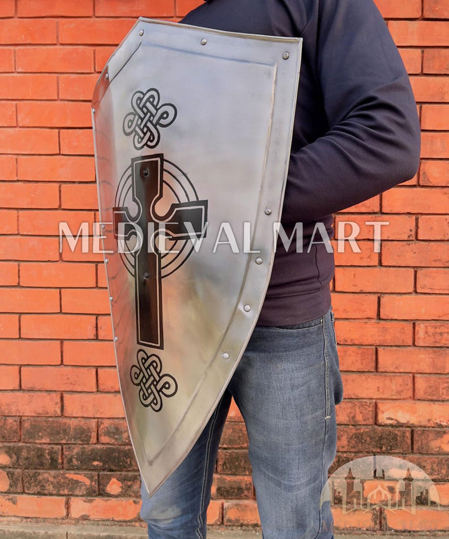 MEDIEVALMART AU Medieval Templar Devil Zelda Cross Inspired Wooden Shield Bliue & Gold Finish | Gift for Christmas Day