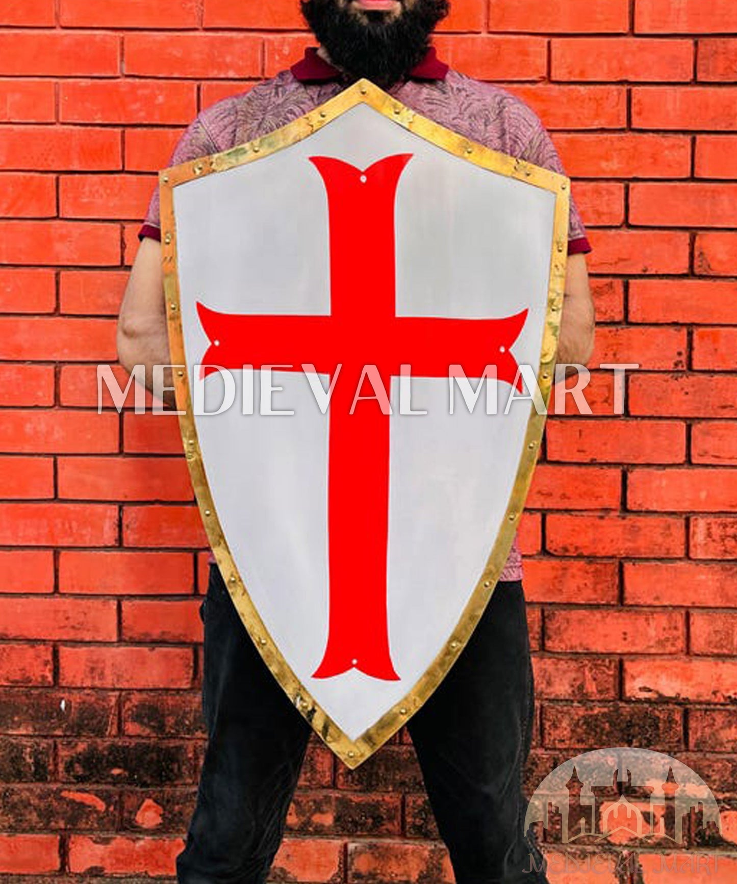 MEDIEVALMART AU Medieval Templar Devil Zelda Cross Inspired Wooden Shield Bliue & Gold Finish | Gift for Christmas Day