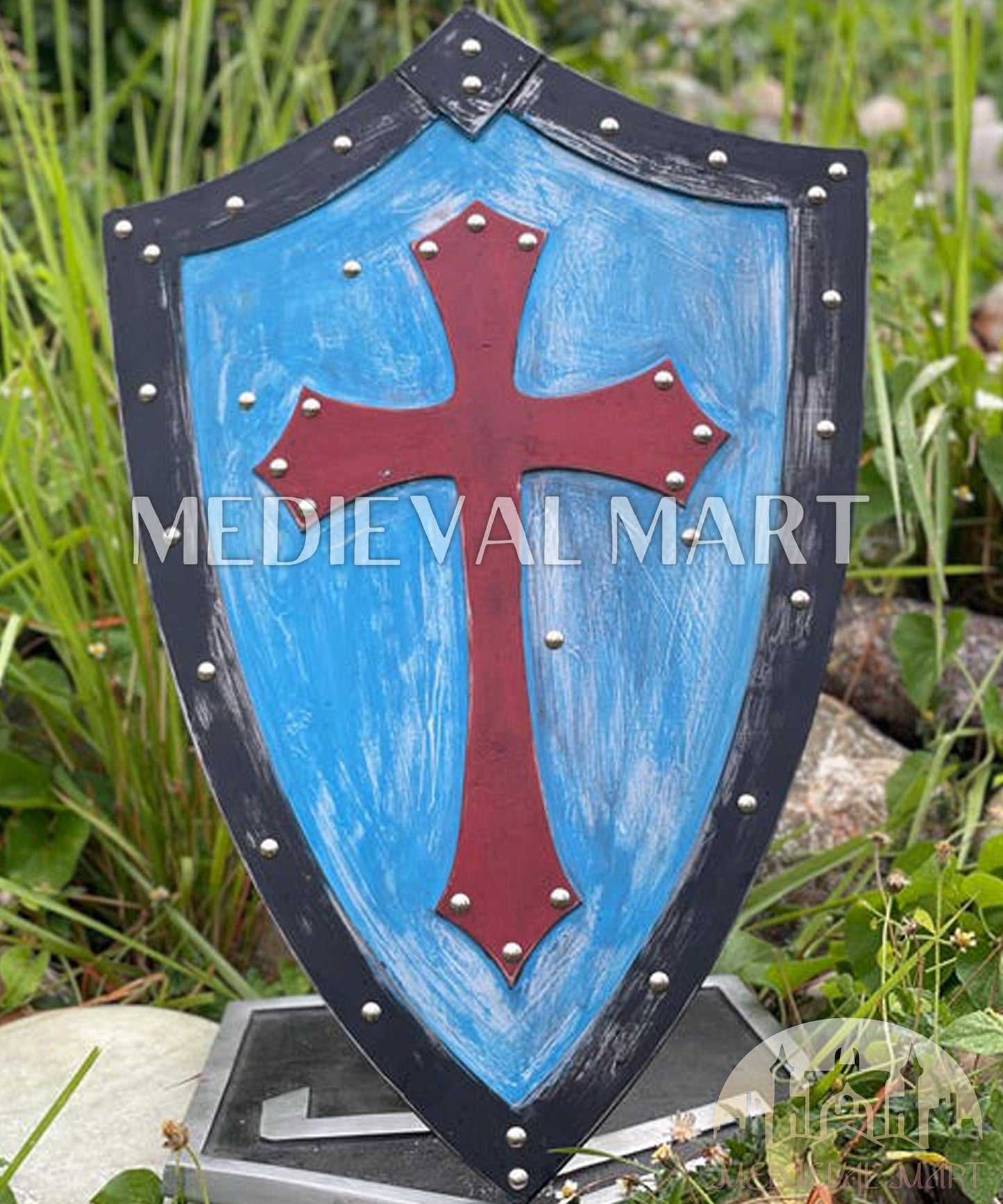 MEDIEVALMART AU Medieval Templar Devil Zelda Cross Inspired Wooden Shield Bliue & Gold Finish | Gift for Christmas Day