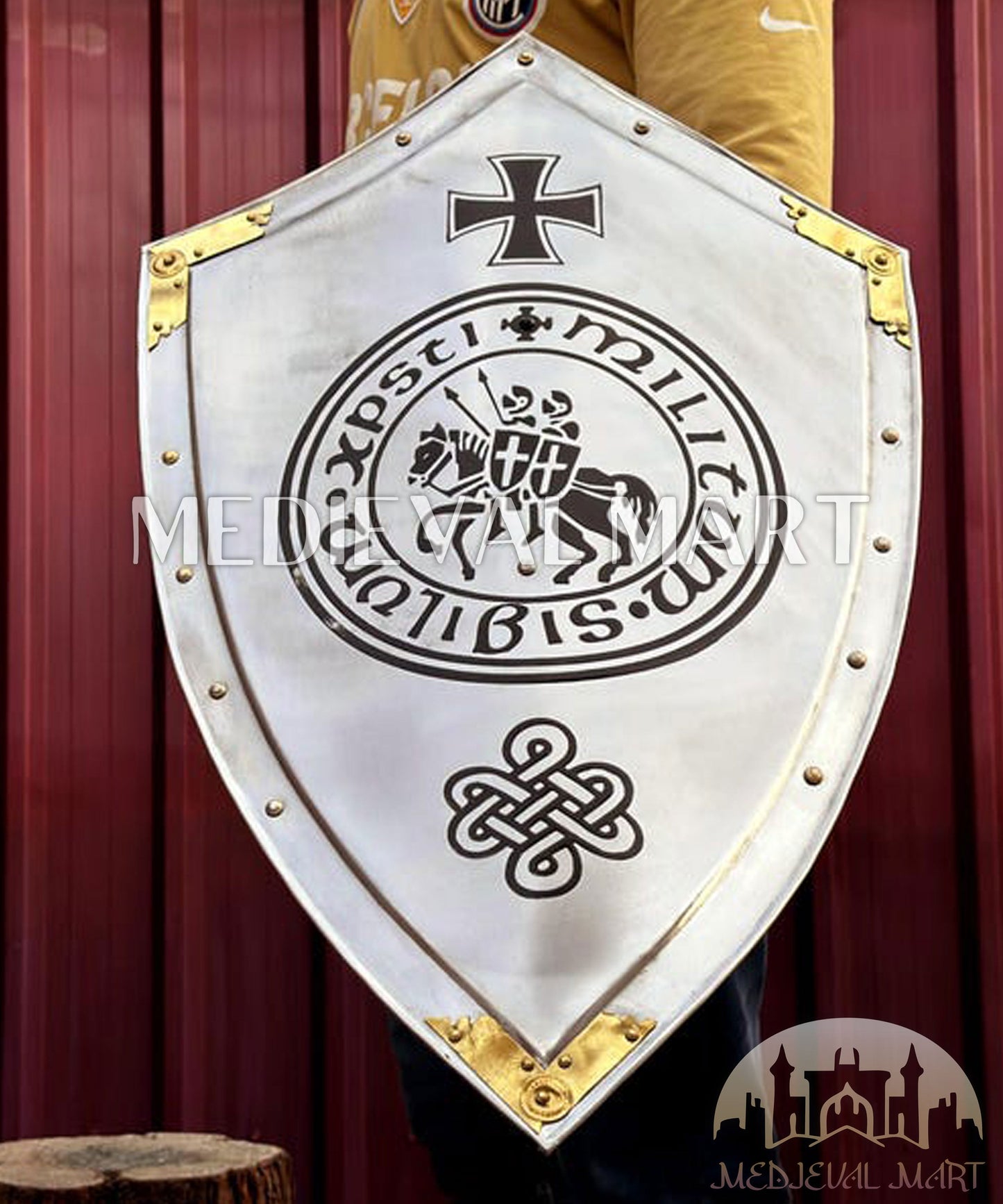 MEDIEVALMART AU Medieval Templar Devil Zelda Cross Inspired Wooden Shield Bliue & Gold Finish | Gift for Christmas Day