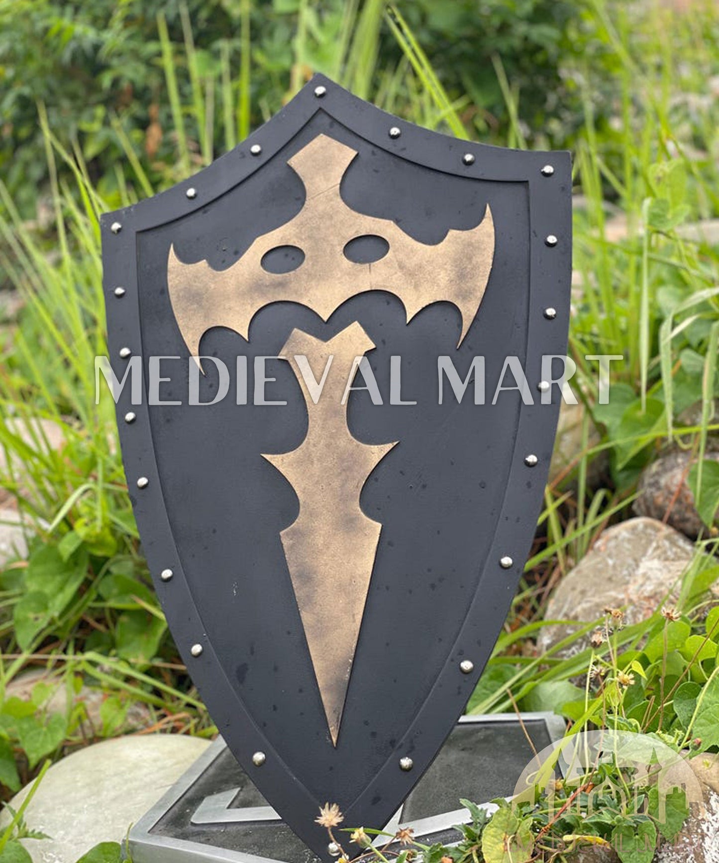 MEDIEVALMART AU Medieval Templar Devil Zelda Cross Inspired Wooden Shield Bliue & Gold Finish | Gift for Christmas Day