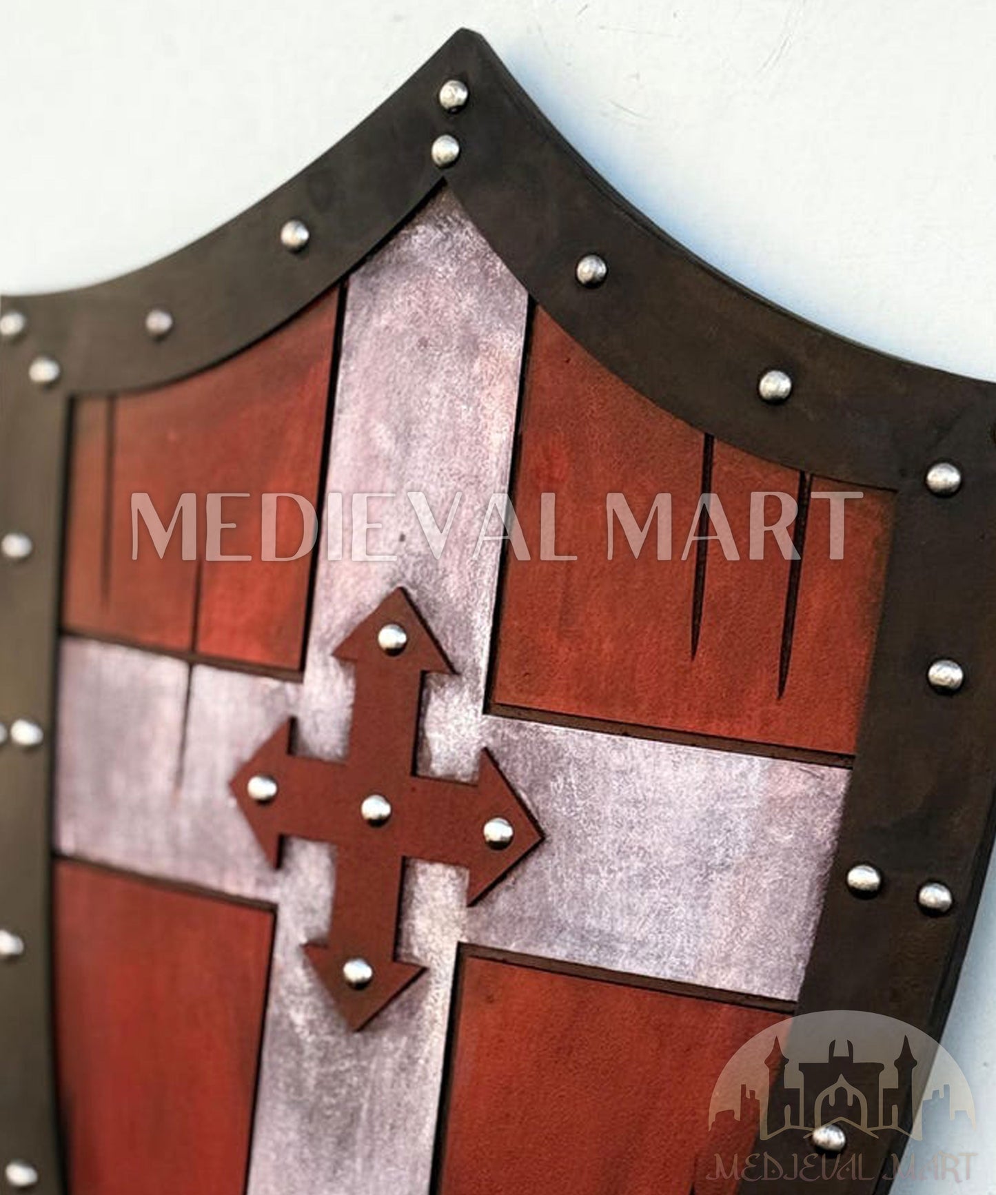 MEDIEVALMART AU Medieval Templar Devil Zelda Cross Inspired Wooden Shield Bliue & Gold Finish | Gift for Christmas Day