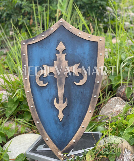 MEDIEVALMART AU Medieval Templar Devil Zelda Cross Inspired Wooden Shield Bliue & Gold Finish | Gift for Christmas Day