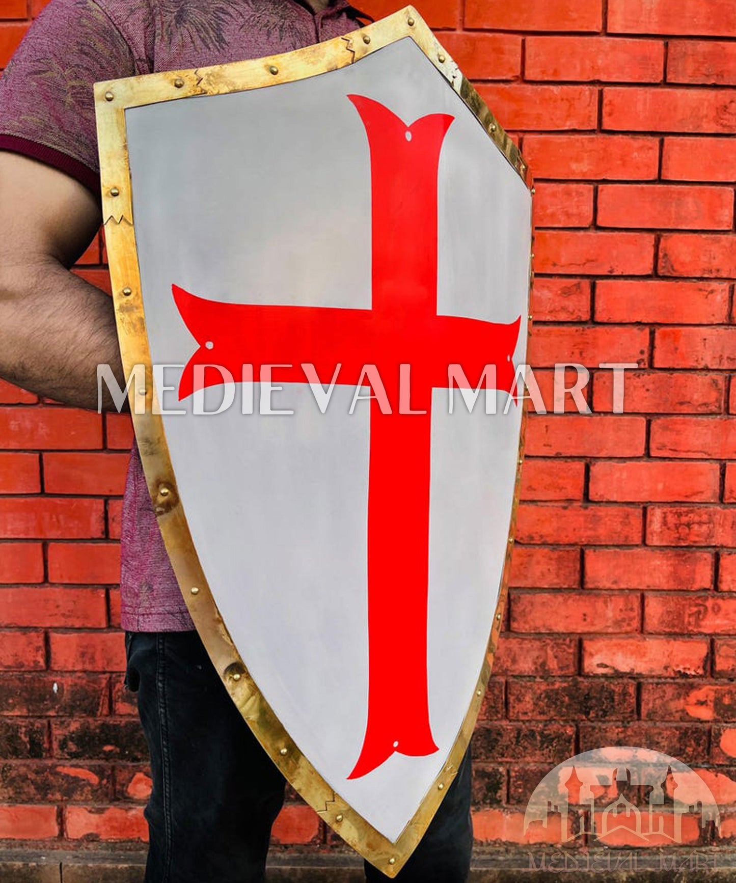 MEDIEVALMART AU Medieval Templar Devil Zelda Cross Inspired Wooden Shield Bliue & Gold Finish | Gift for Christmas Day