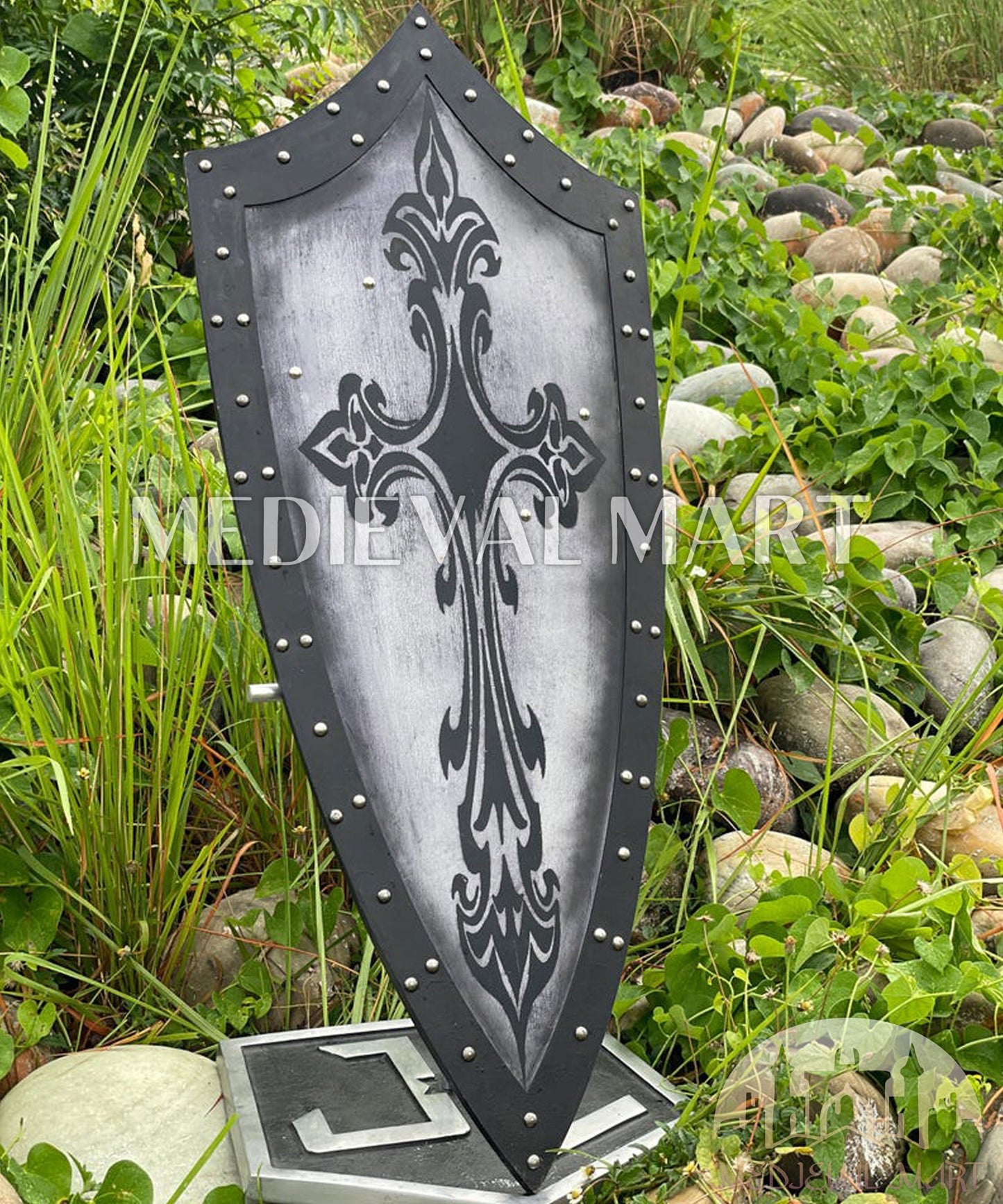 MEDIEVALMART AU Medieval Templar Devil Zelda Cross Inspired Wooden Shield Bliue & Gold Finish | Gift for Christmas Day