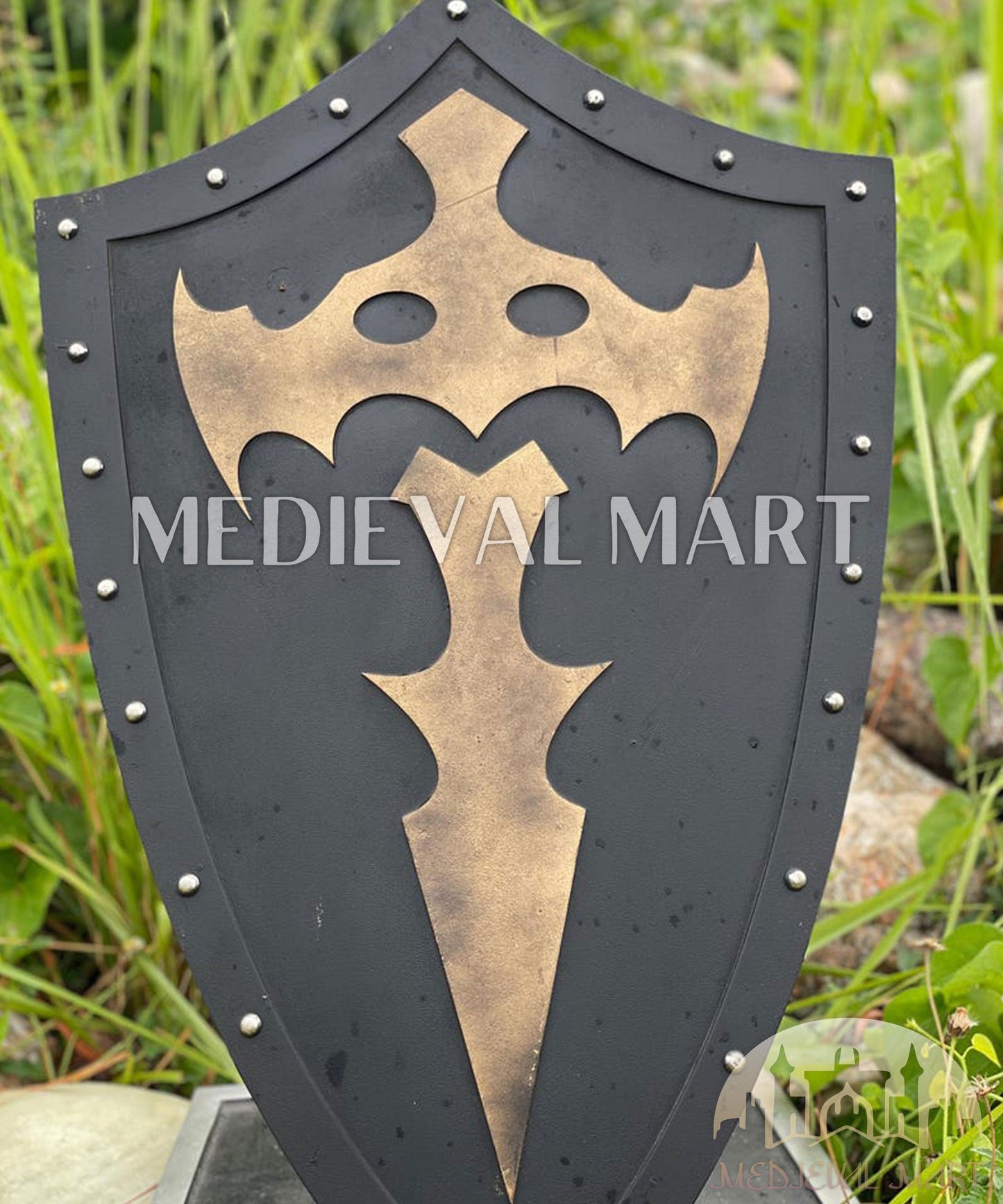 MEDIEVALMART AU Medieval Templar Devil Zelda Cross Inspired Wooden Shield Bliue & Gold Finish | Gift for Christmas Day