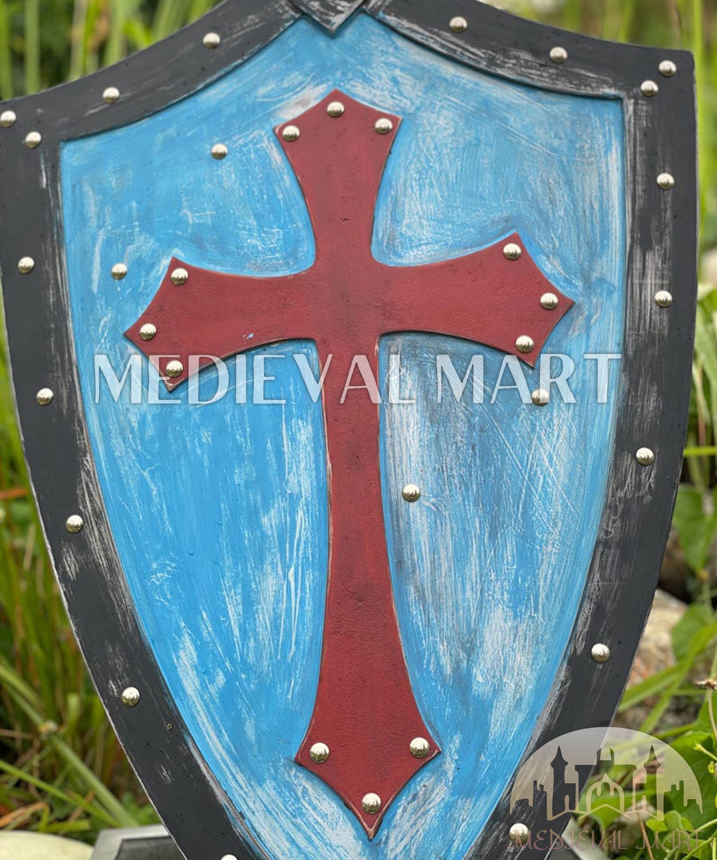 MEDIEVALMART AU Medieval Templar Devil Zelda Cross Inspired Wooden Shield Bliue & Gold Finish | Gift for Christmas Day