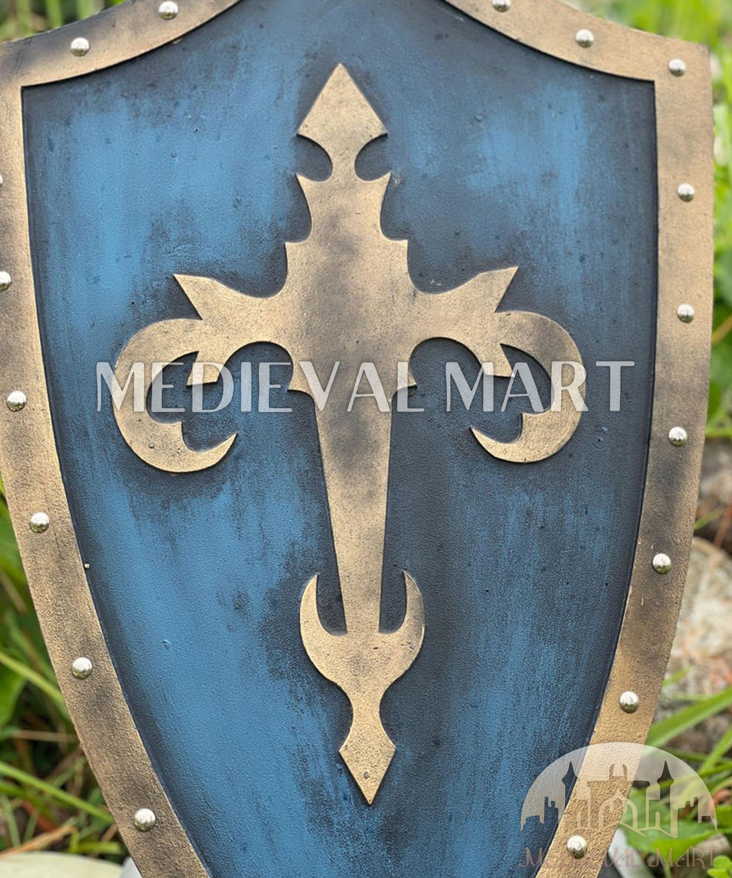 MEDIEVALMART AU Medieval Templar Devil Zelda Cross Inspired Wooden Shield Bliue & Gold Finish | Gift for Christmas Day