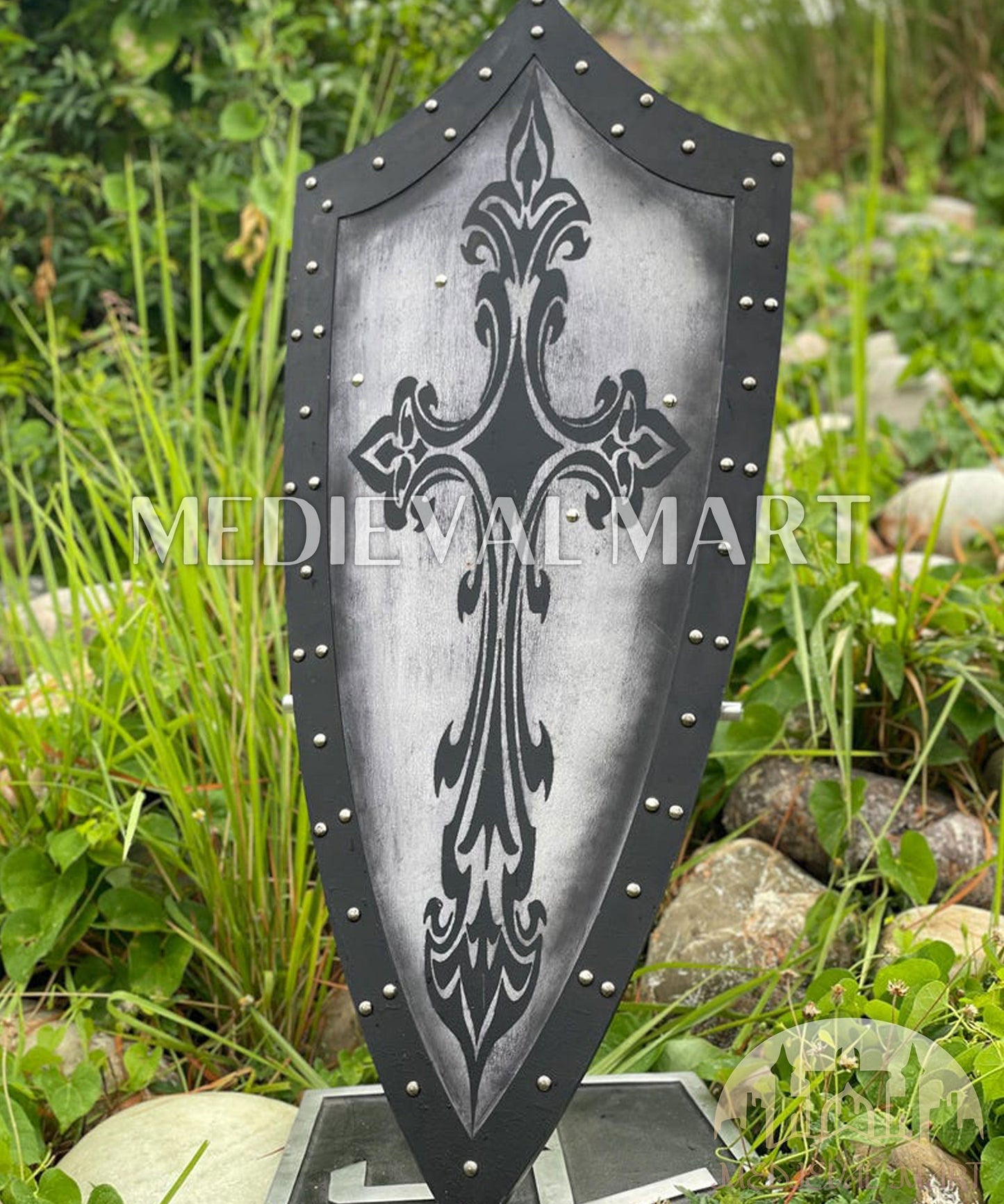 MEDIEVALMART AU Medieval Templar Devil Zelda Cross Inspired Wooden Shield Bliue & Gold Finish | Gift for Christmas Day