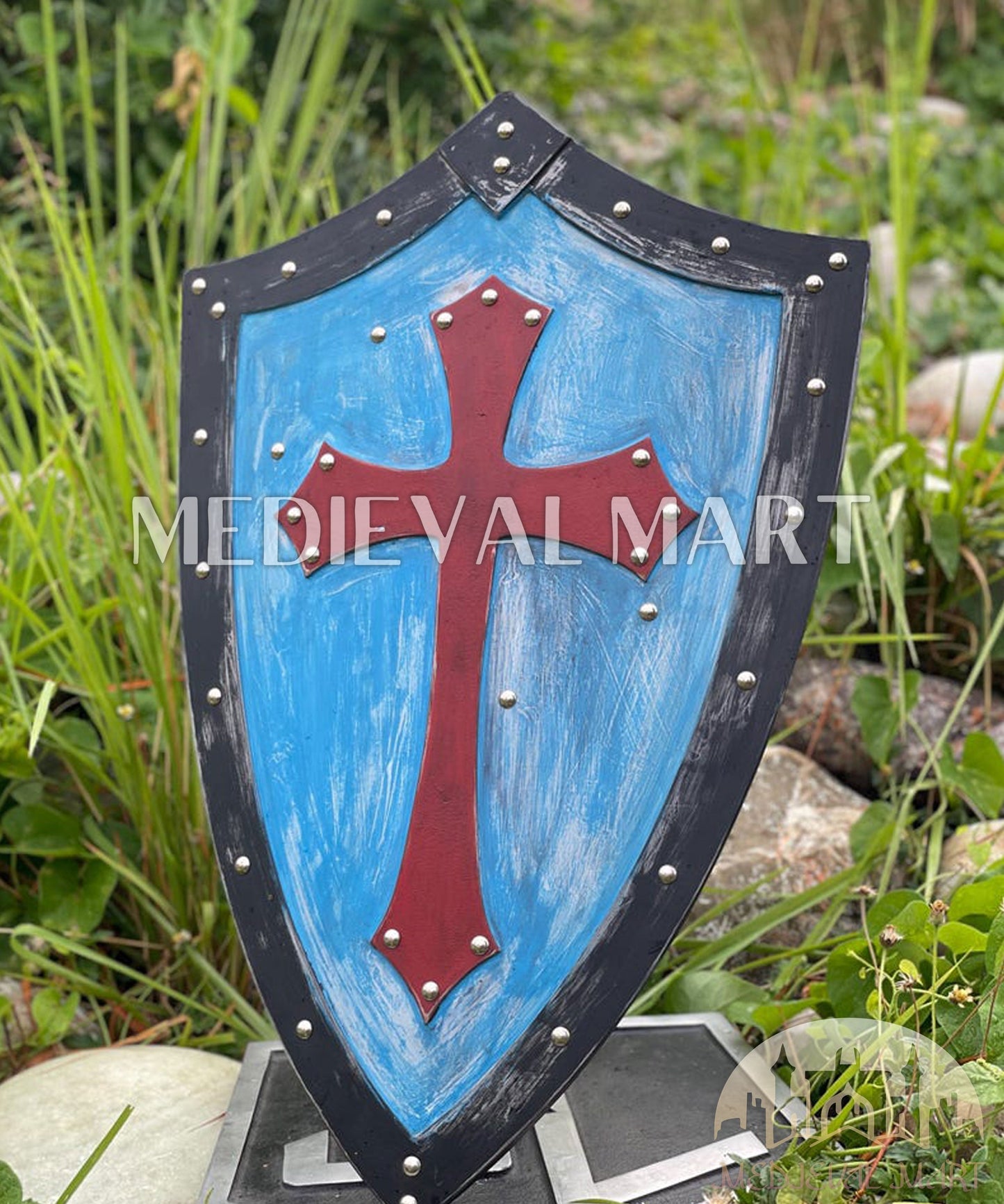 MEDIEVALMART AU Medieval Templar Devil Zelda Cross Inspired Wooden Shield Bliue & Gold Finish | Gift for Christmas Day