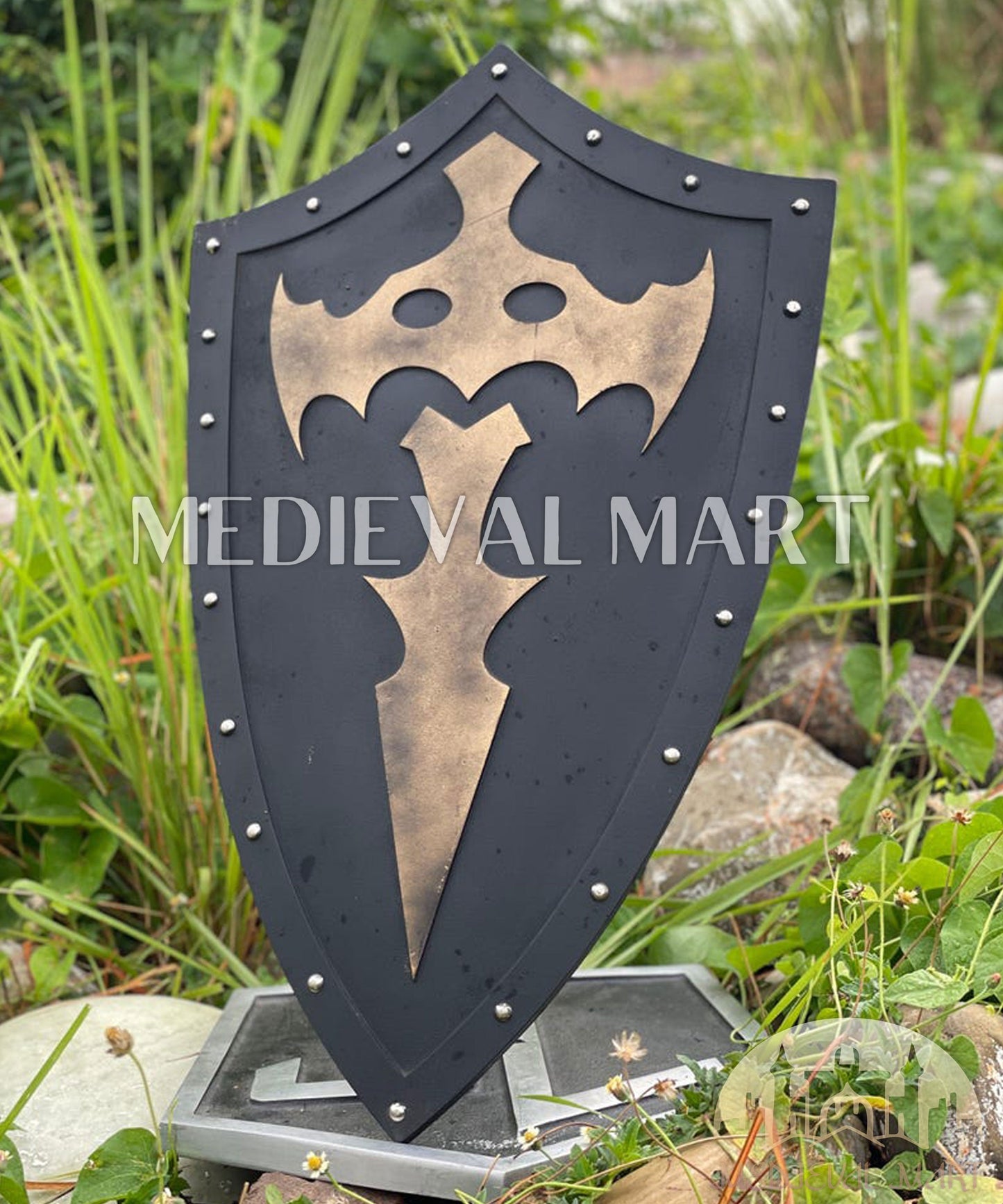 MEDIEVALMART AU Medieval Templar Devil Zelda Cross Inspired Wooden Shield Bliue & Gold Finish | Gift for Christmas Day