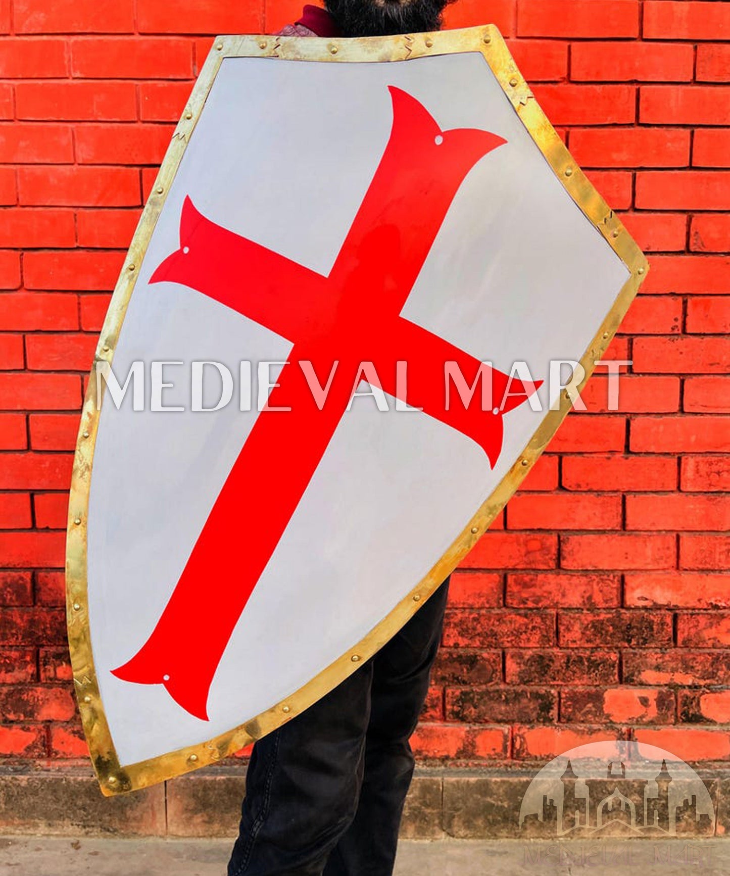 MEDIEVALMART AU Medieval Templar Devil Zelda Cross Inspired Wooden Shield Bliue & Gold Finish | Gift for Christmas Day