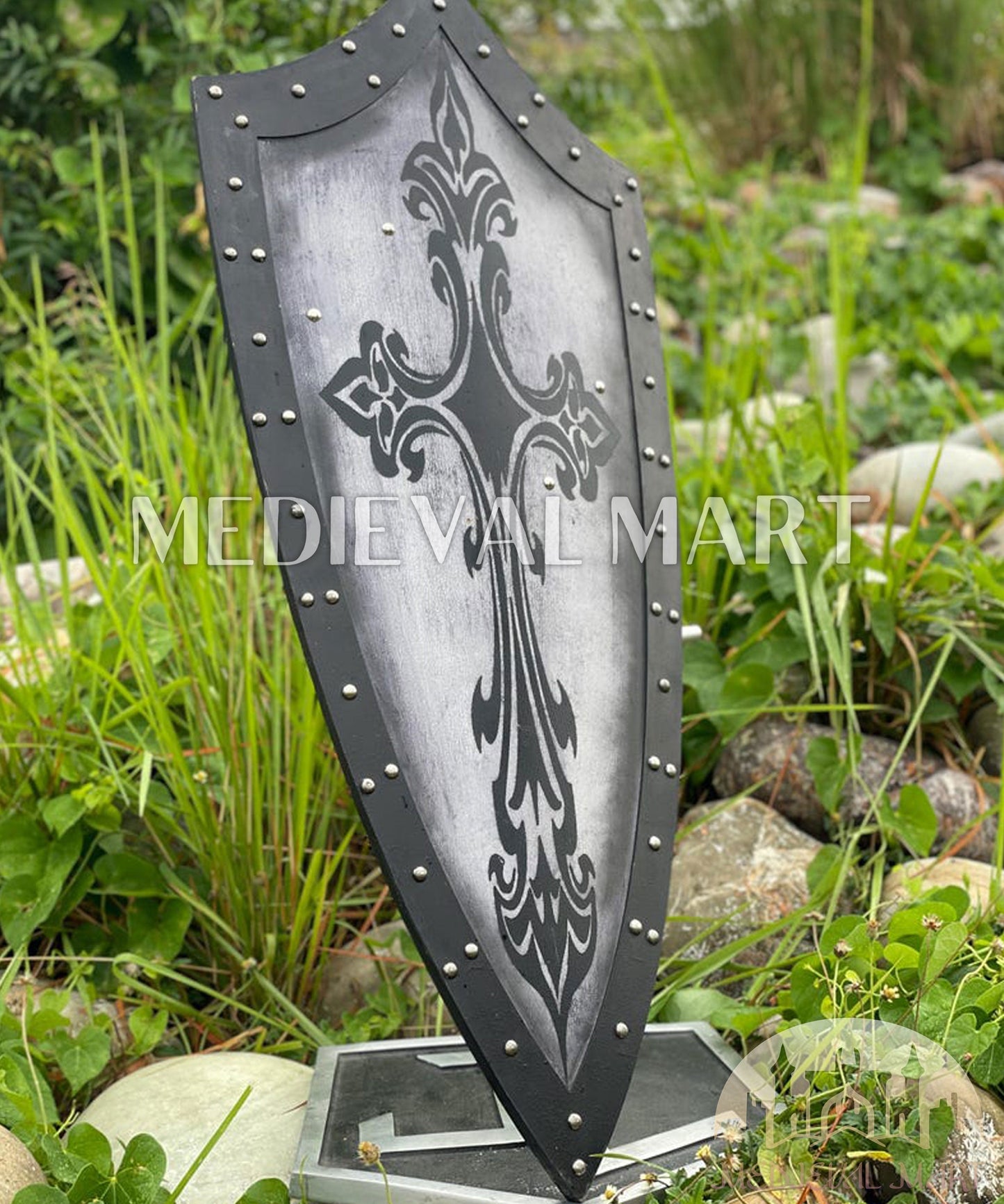 MEDIEVALMART AU Medieval Templar Devil Zelda Cross Inspired Wooden Shield Bliue & Gold Finish | Gift for Christmas Day