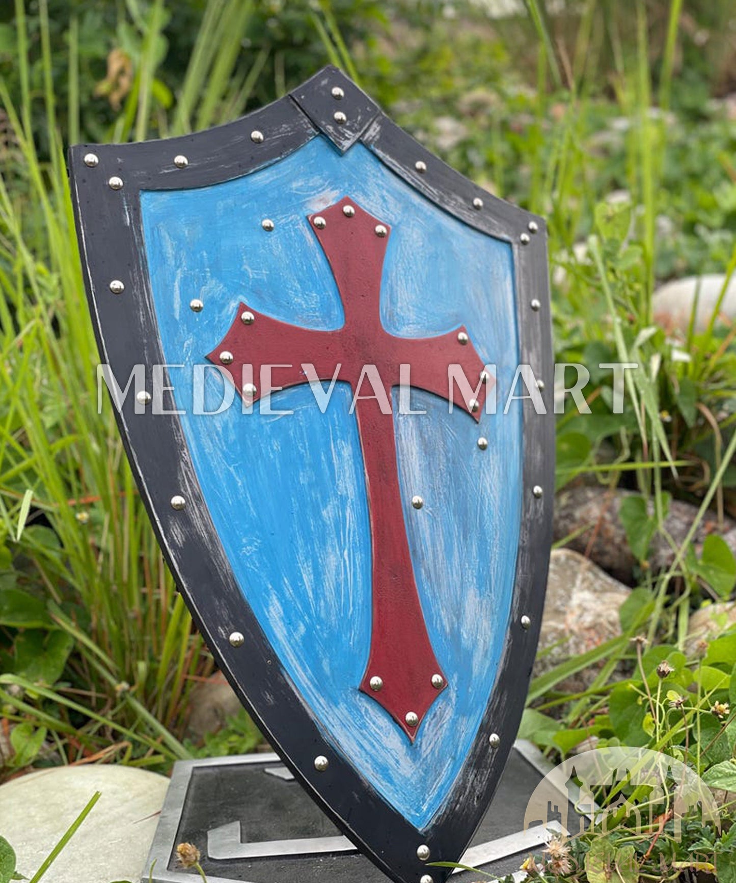 MEDIEVALMART AU Medieval Templar Devil Zelda Cross Inspired Wooden Shield Bliue & Gold Finish | Gift for Christmas Day