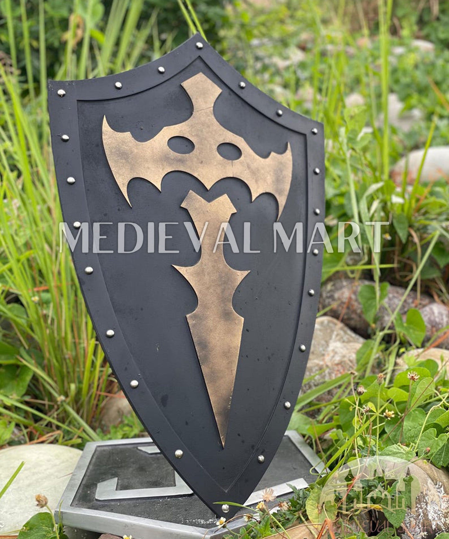 MEDIEVALMART AU Medieval Templar Devil Zelda Cross Inspired Wooden Shield Bliue & Gold Finish | Gift for Christmas Day