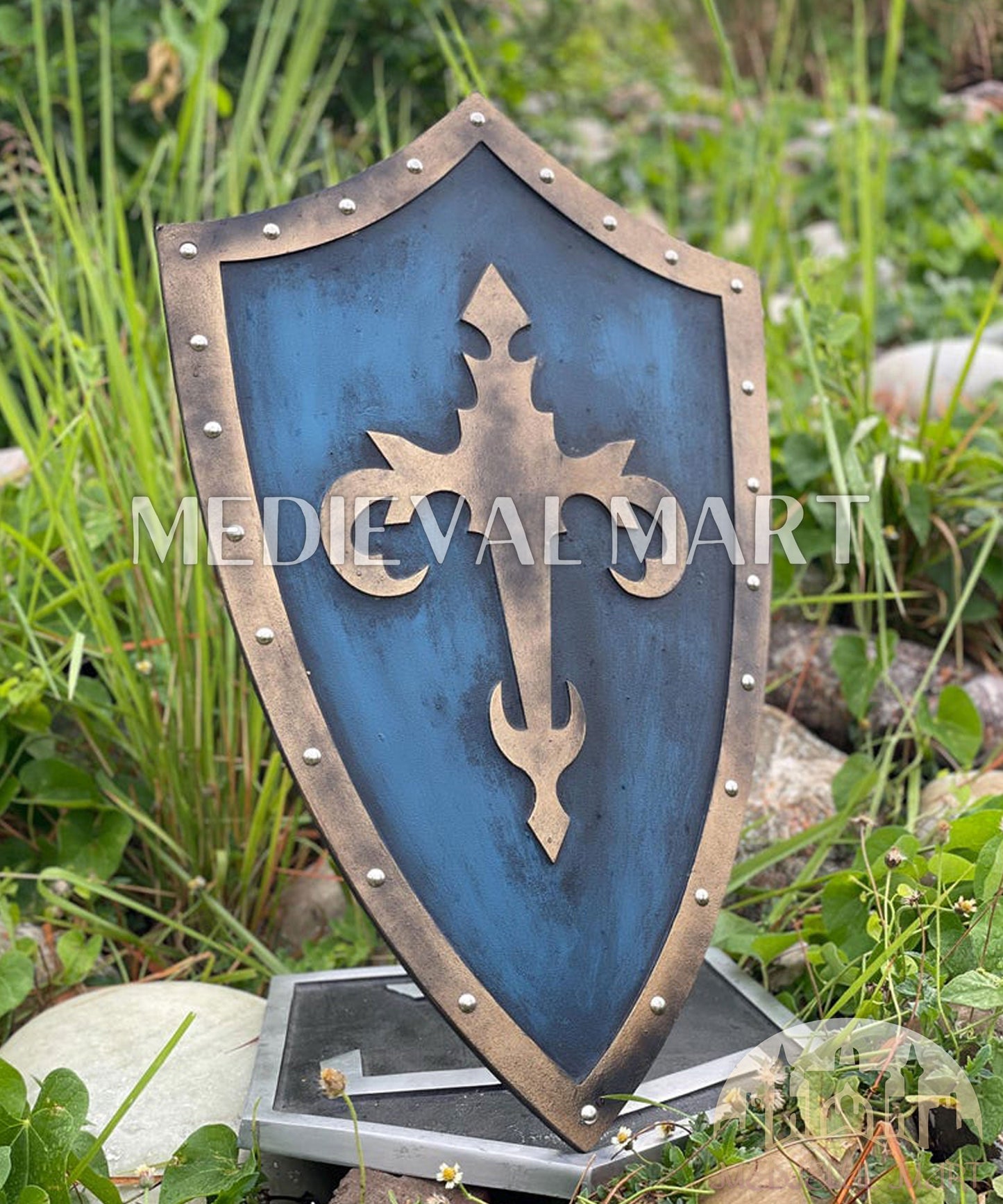 MEDIEVALMART AU Medieval Templar Devil Zelda Cross Inspired Wooden Shield Bliue & Gold Finish | Gift for Christmas Day
