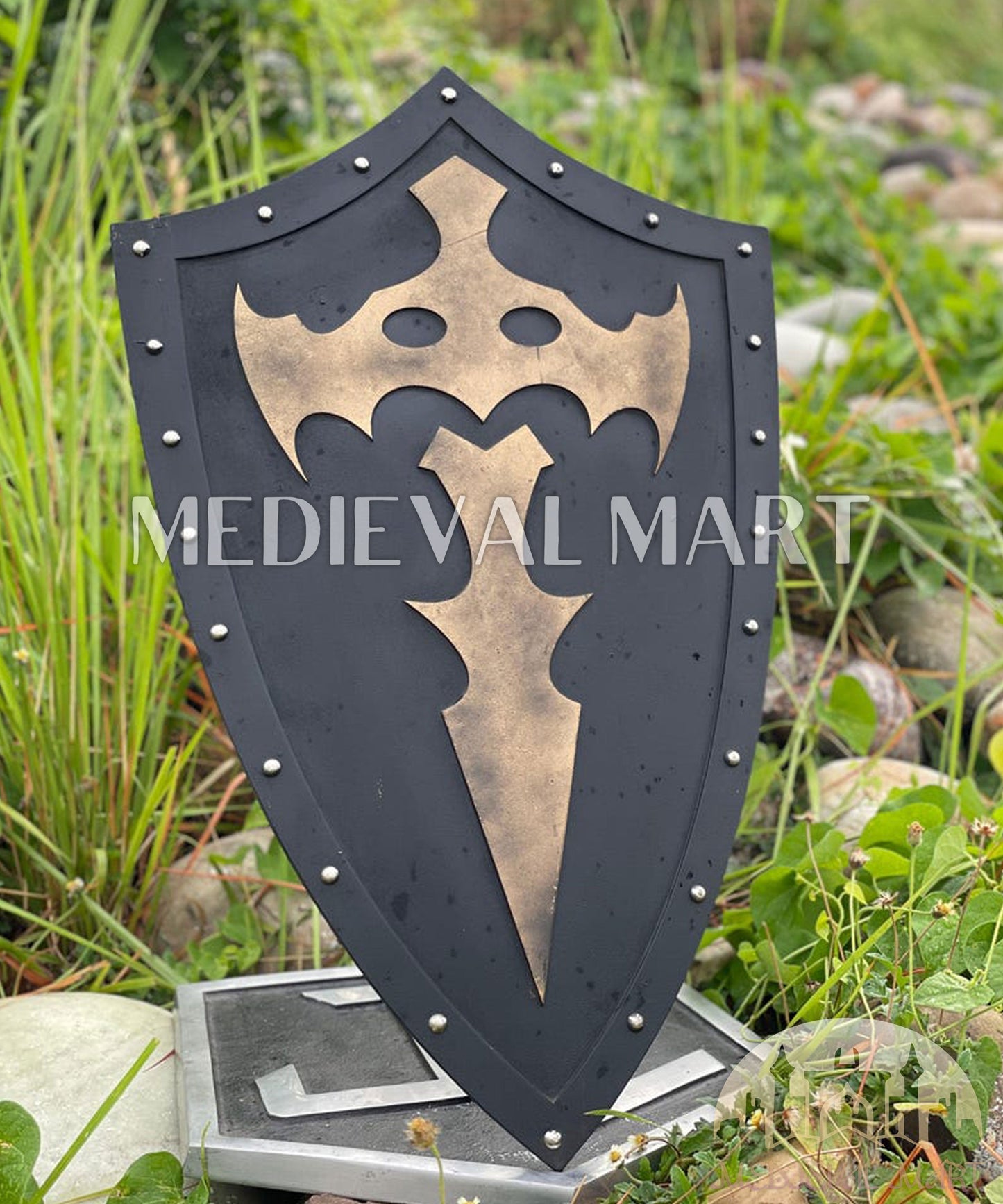 MEDIEVALMART AU Medieval Templar Devil Zelda Cross Inspired Wooden Shield Bliue & Gold Finish | Gift for Christmas Day