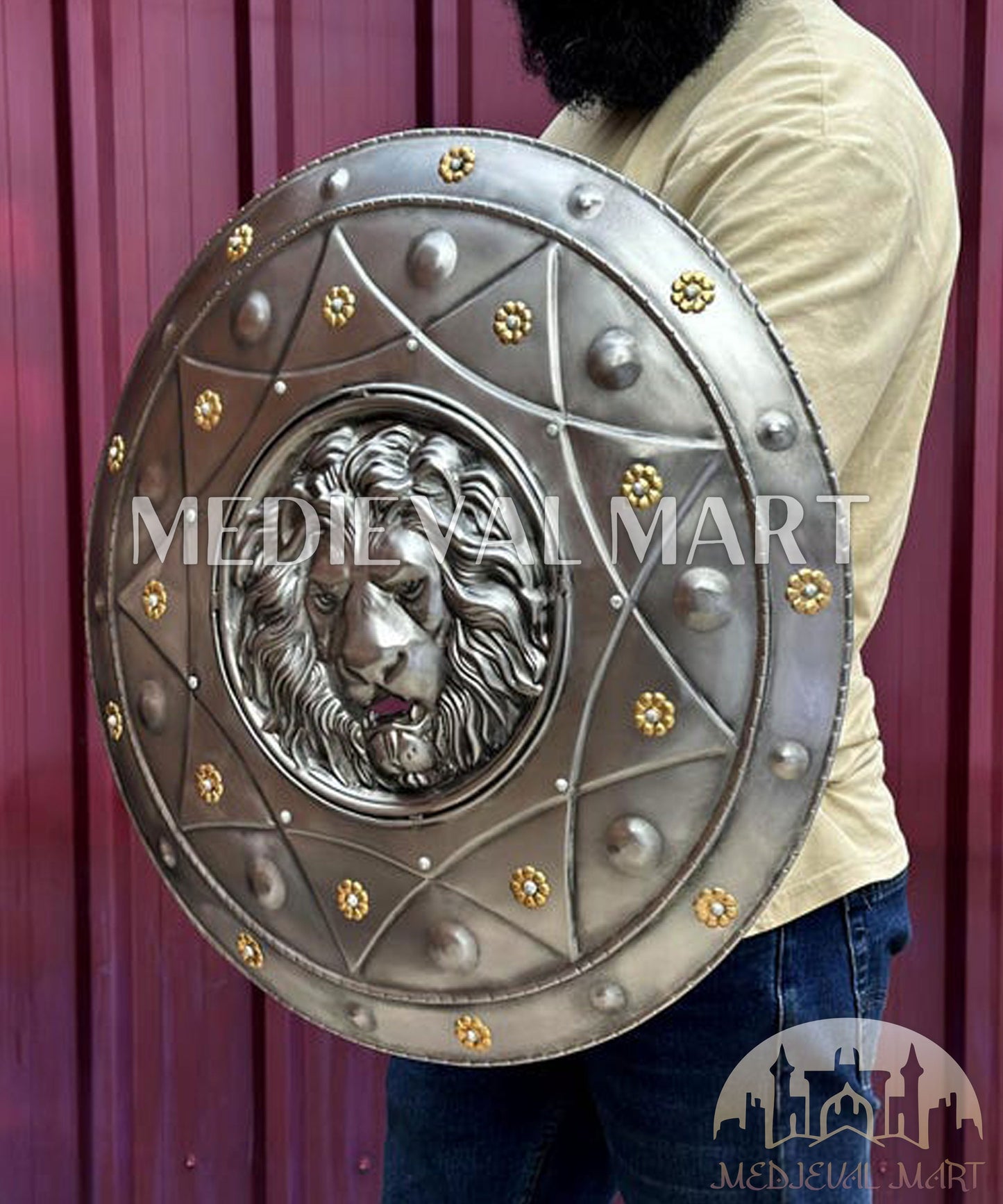 MEDIEVALMART AU Medieval Templar Devil Zelda Cross Inspired Wooden Shield Bliue & Gold Finish | Gift for Christmas Day