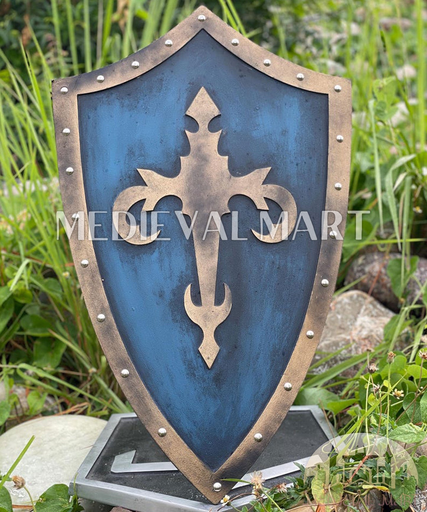 MEDIEVALMART AU Medieval Templar Devil Zelda Cross Inspired Wooden Shield Bliue & Gold Finish | Gift for Christmas Day