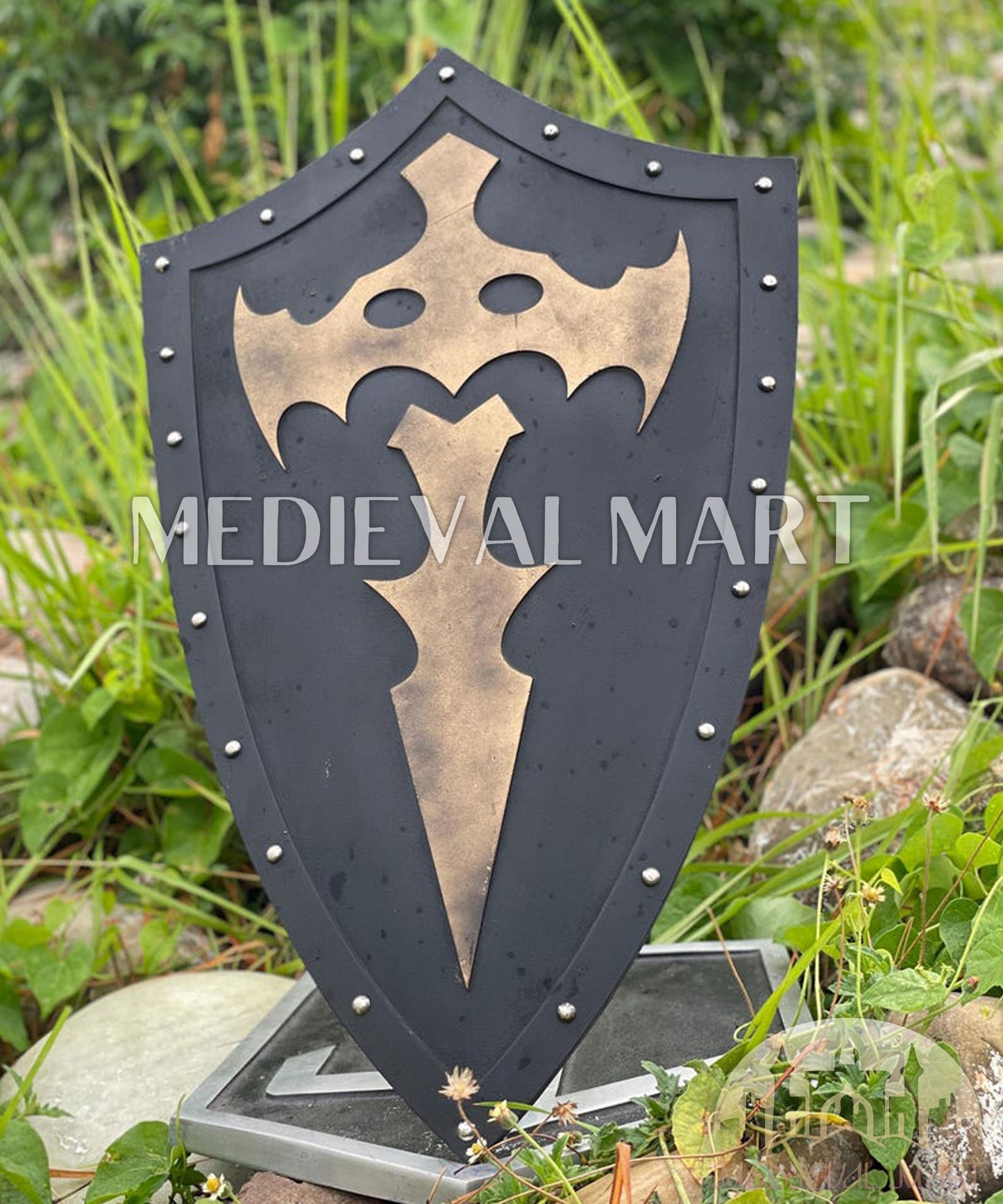 MEDIEVALMART AU Medieval Templar Devil Zelda Cross Inspired Wooden Shield Bliue & Gold Finish | Gift for Christmas Day